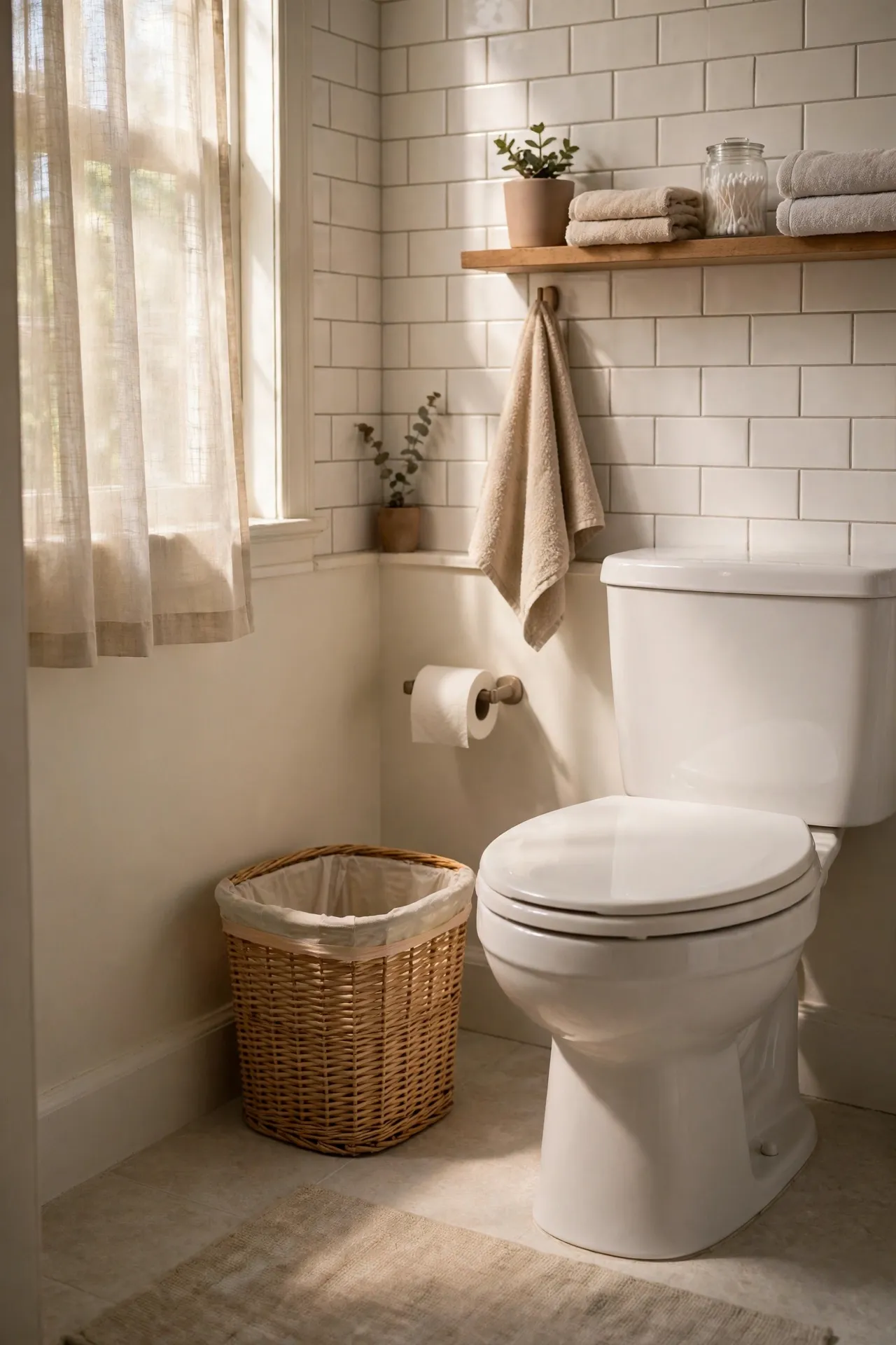 Wicker wastebasket beside toilet in small bathroom corner