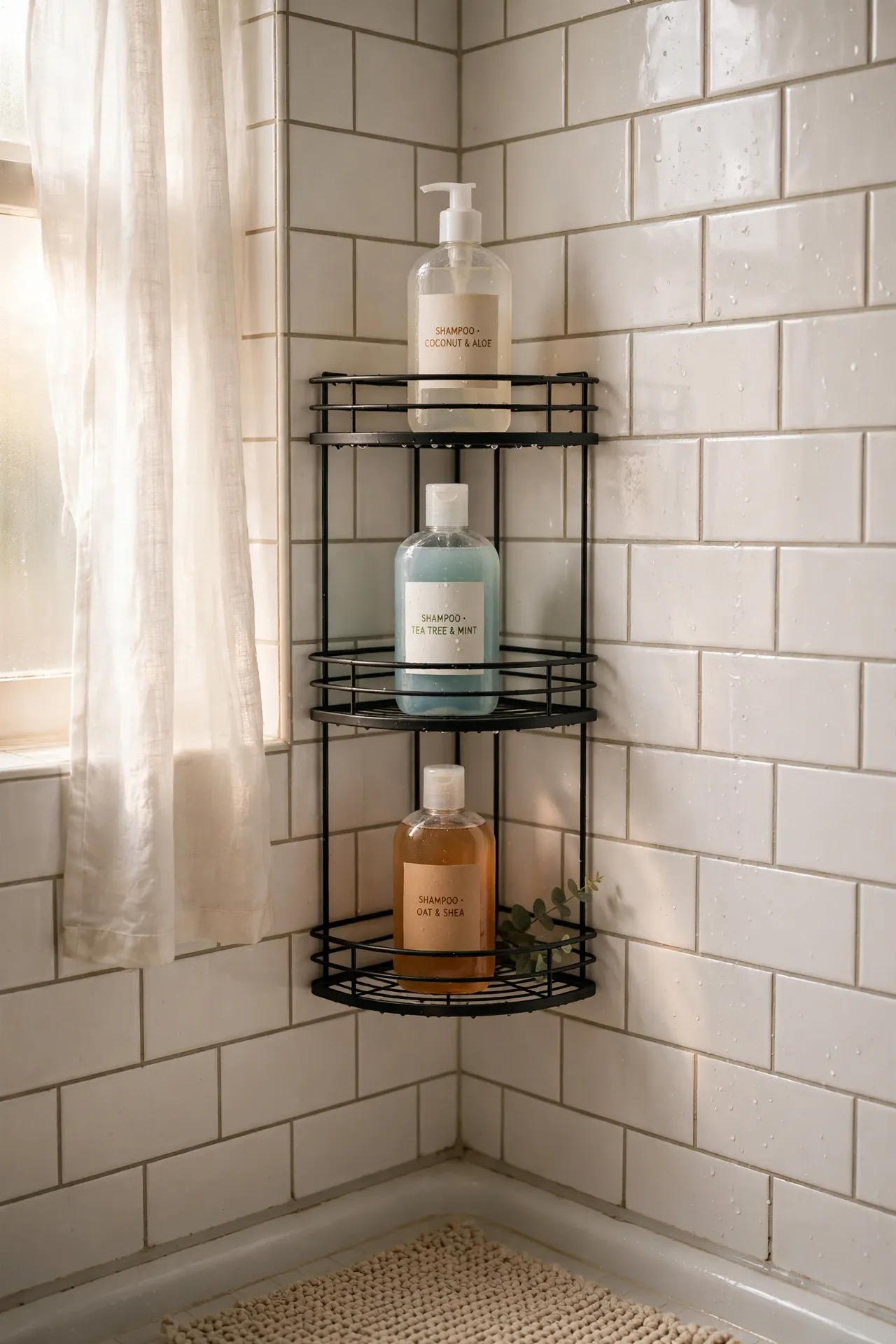 Tiered corner shelf holding shower bottles on tile