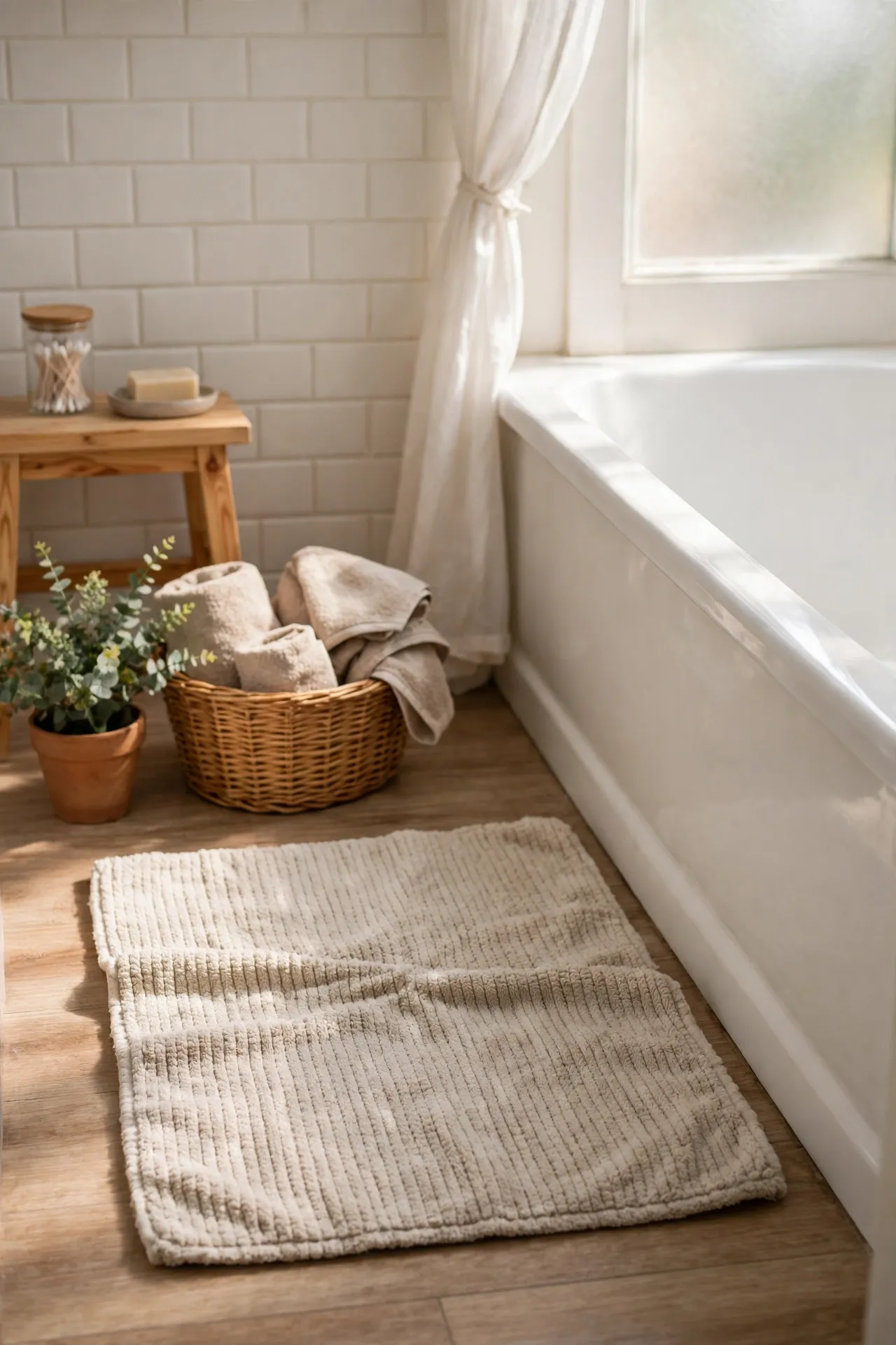 Soft oatmeal bath mat on bathroom floor by tub
