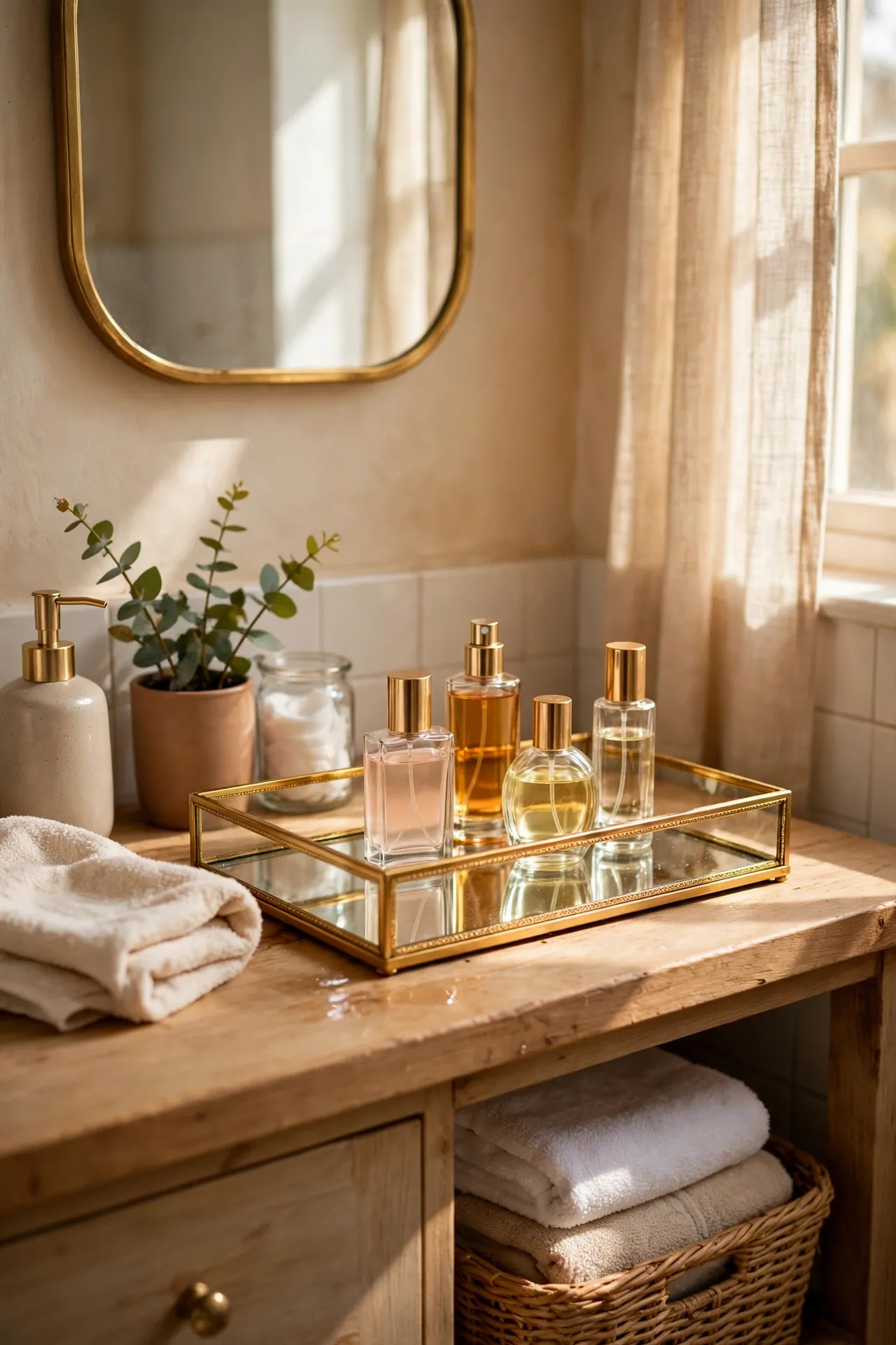Gold mirror tray holding perfume bottles on vanity