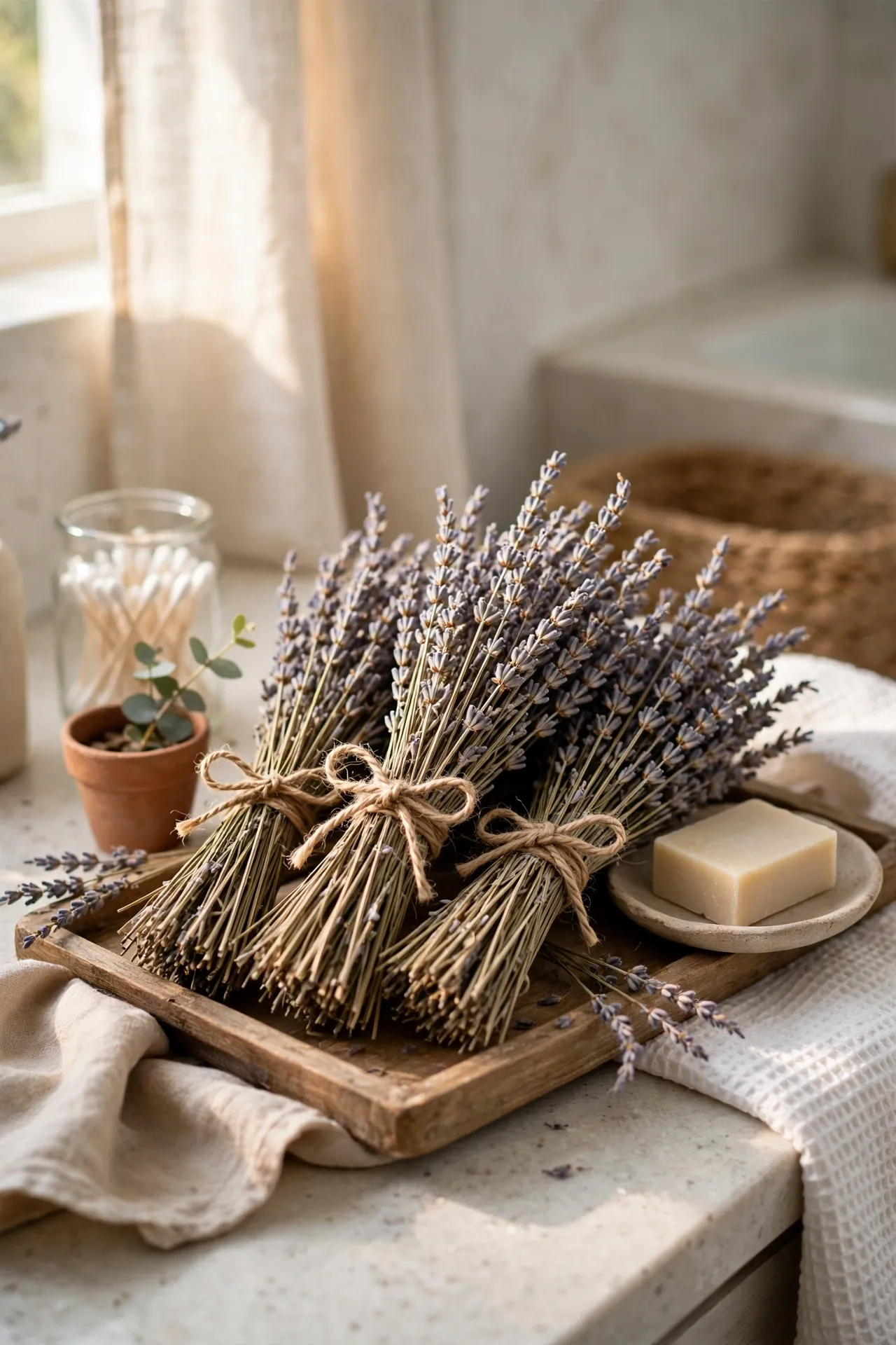 Dried lavender bundles tied with twine on bathroom tray
