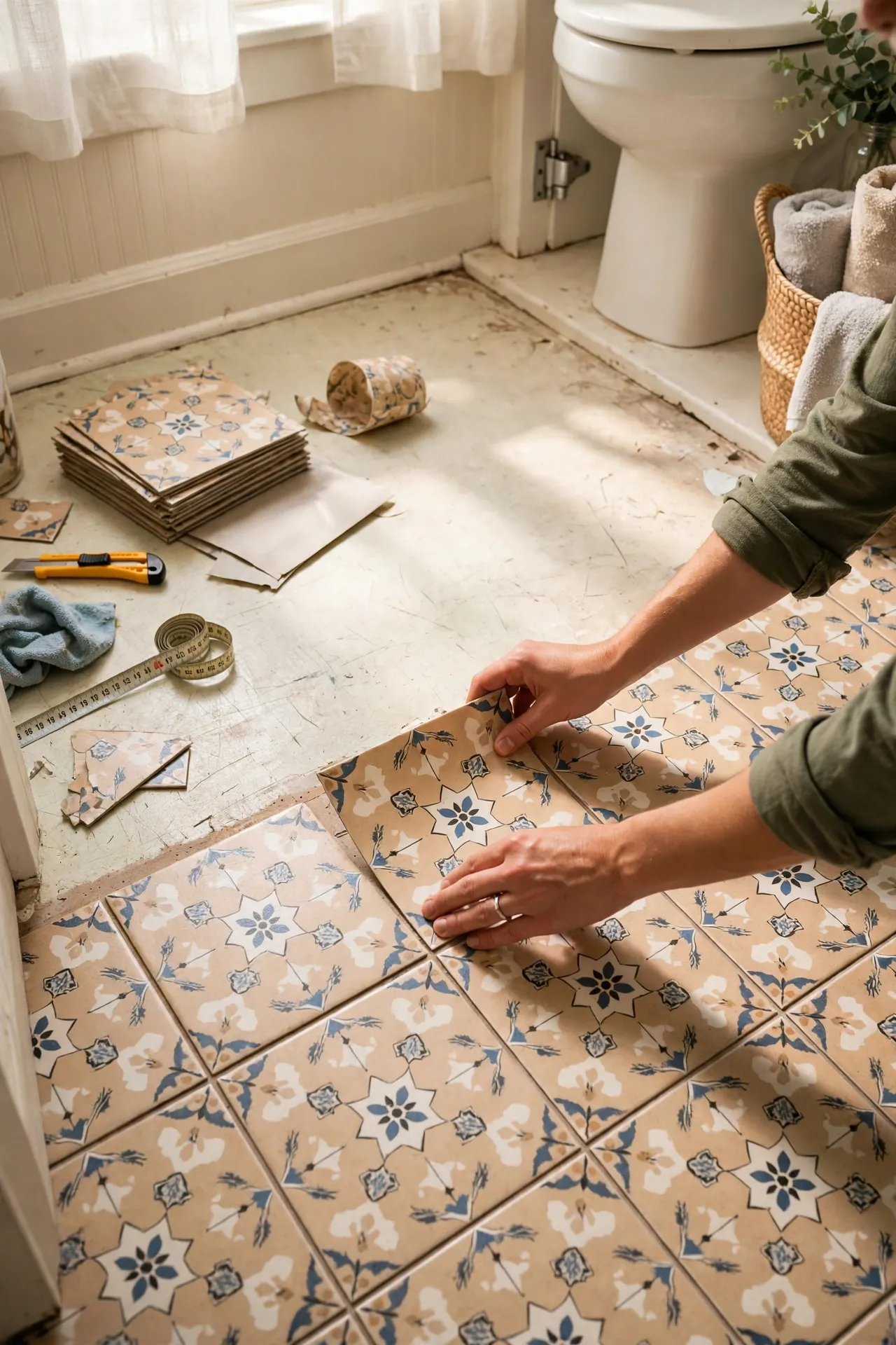 Peel-and-stick tiles laid on rental bathroom floor surface