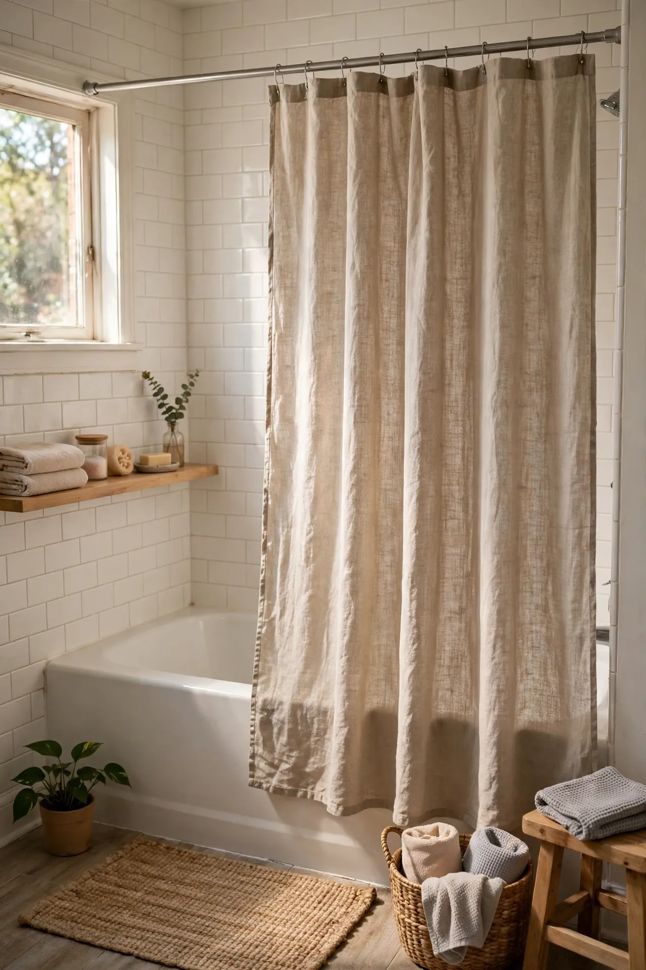Linen-look shower curtain hanging on tension rod above tub