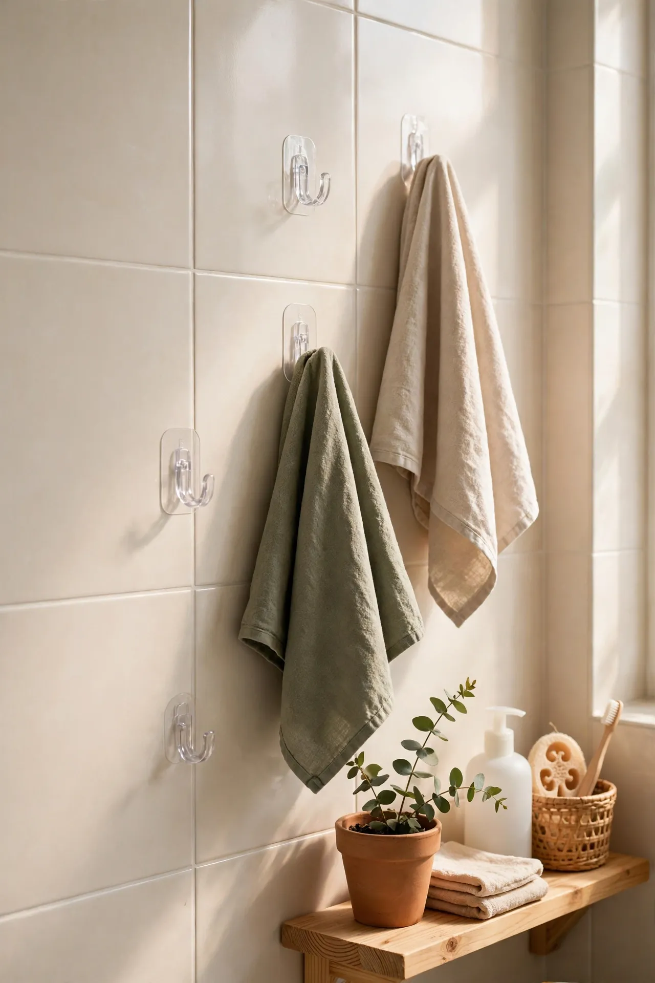 Adhesive hooks holding towels on smooth bathroom tile