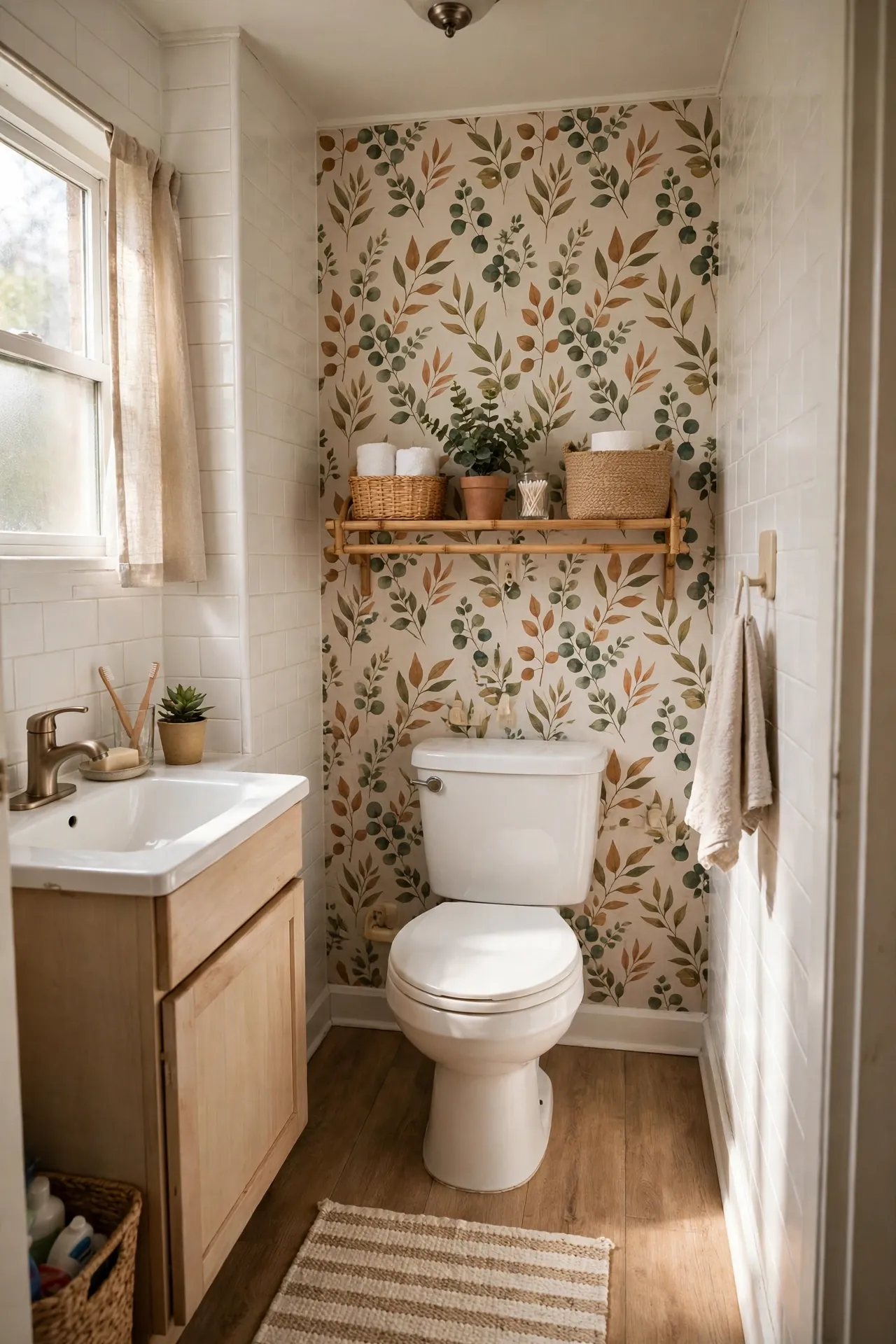 Removable wallpaper accent wall in rental bathroom corner