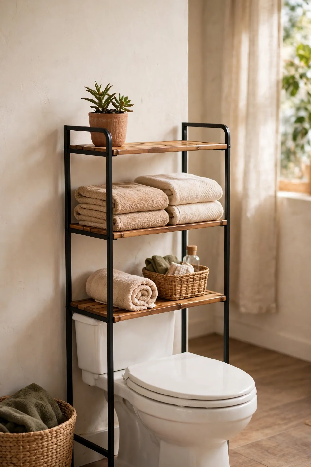 Freestanding over-toilet rack holding towels and plants neatly