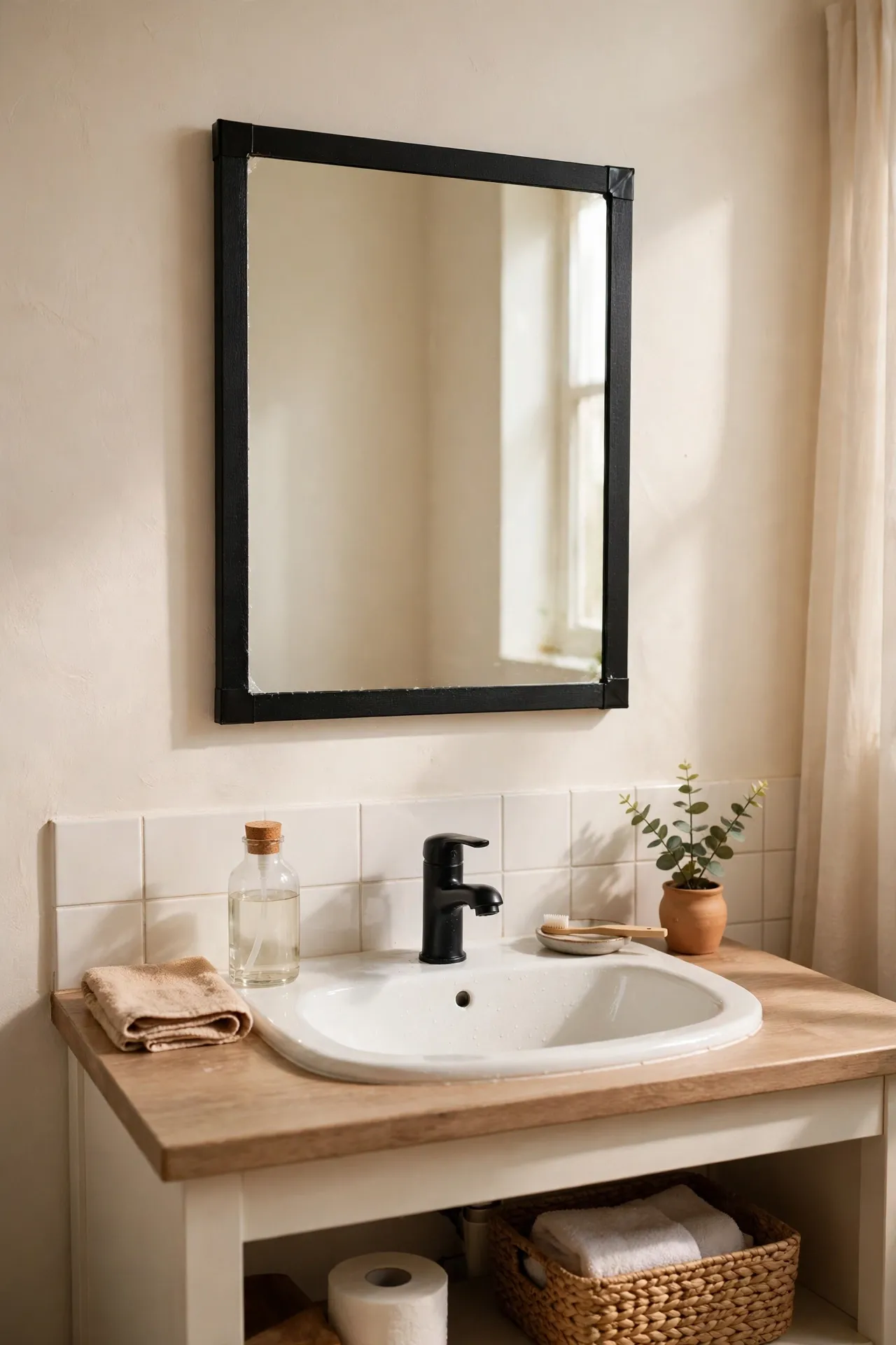 Matte black peelable frame around bathroom mirror above sink