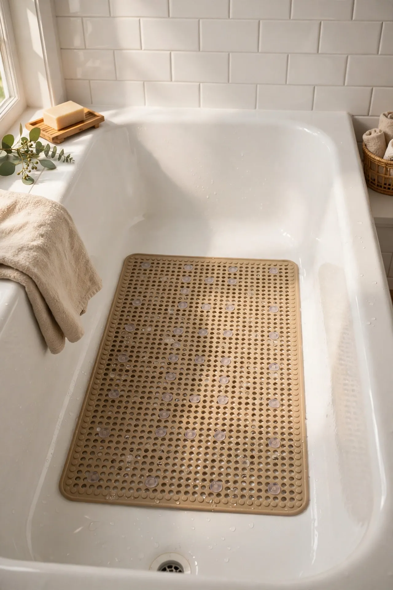 Non-slip bath mat inside clean white bathtub safely