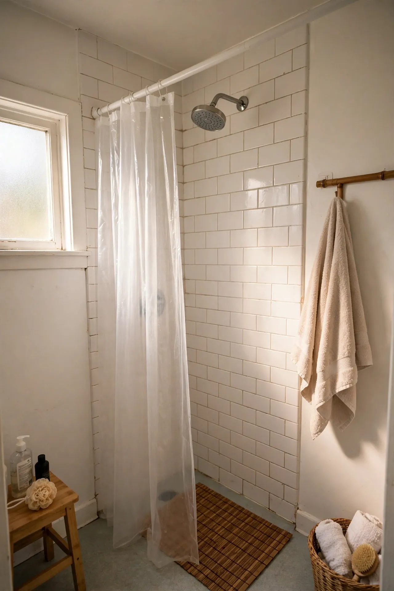 New rainfall showerhead installed in rental bathroom shower