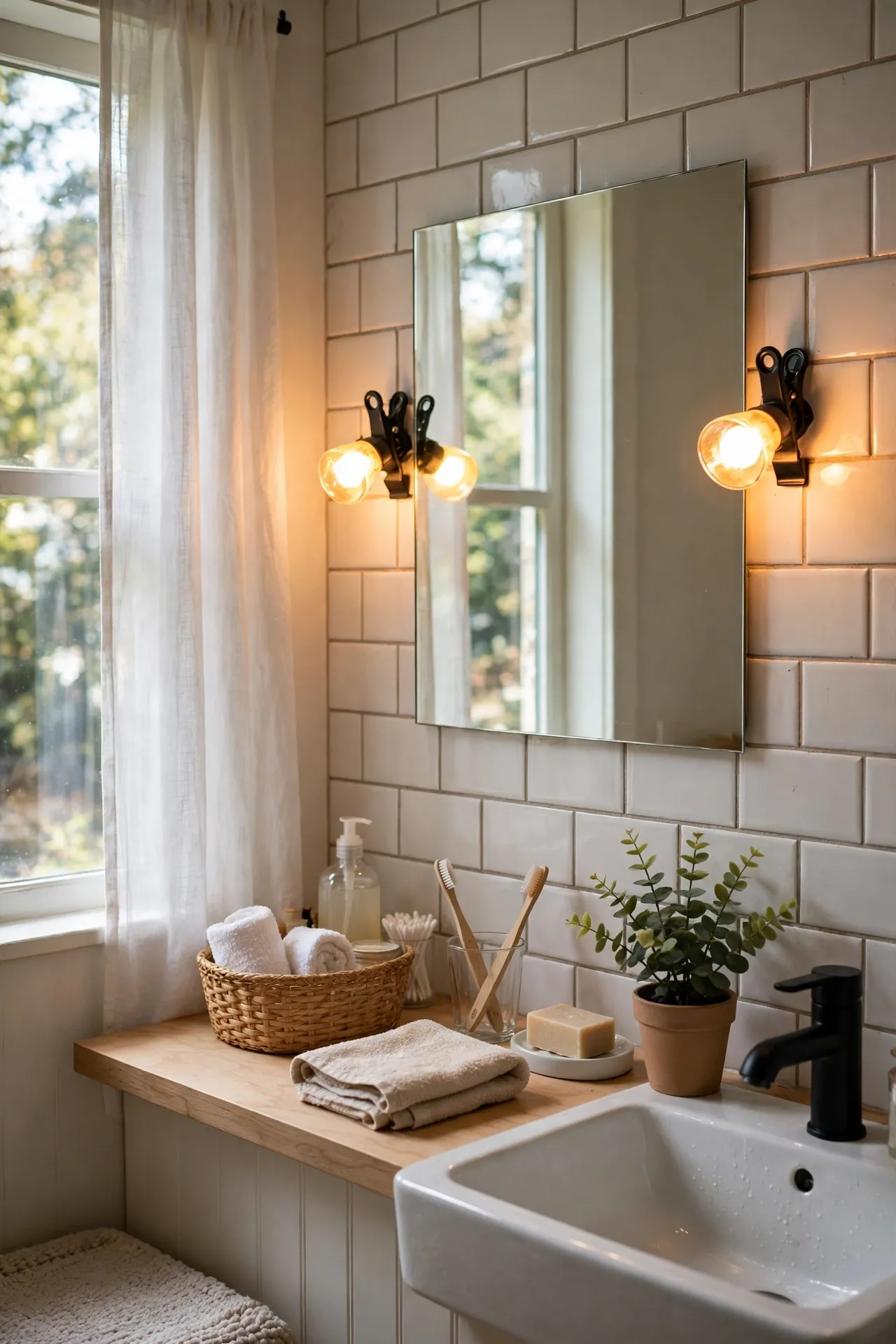 Warm clip-on vanity lights glowing beside bathroom mirror