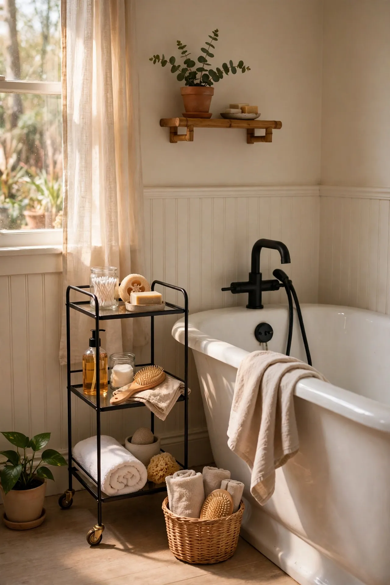 Slim rolling cart with toiletries stored beside bathtub
