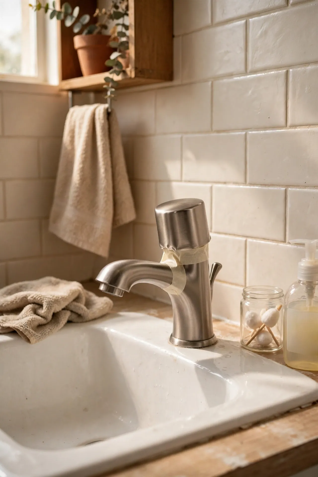 Brushed nickel faucet cover on bathroom sink faucet