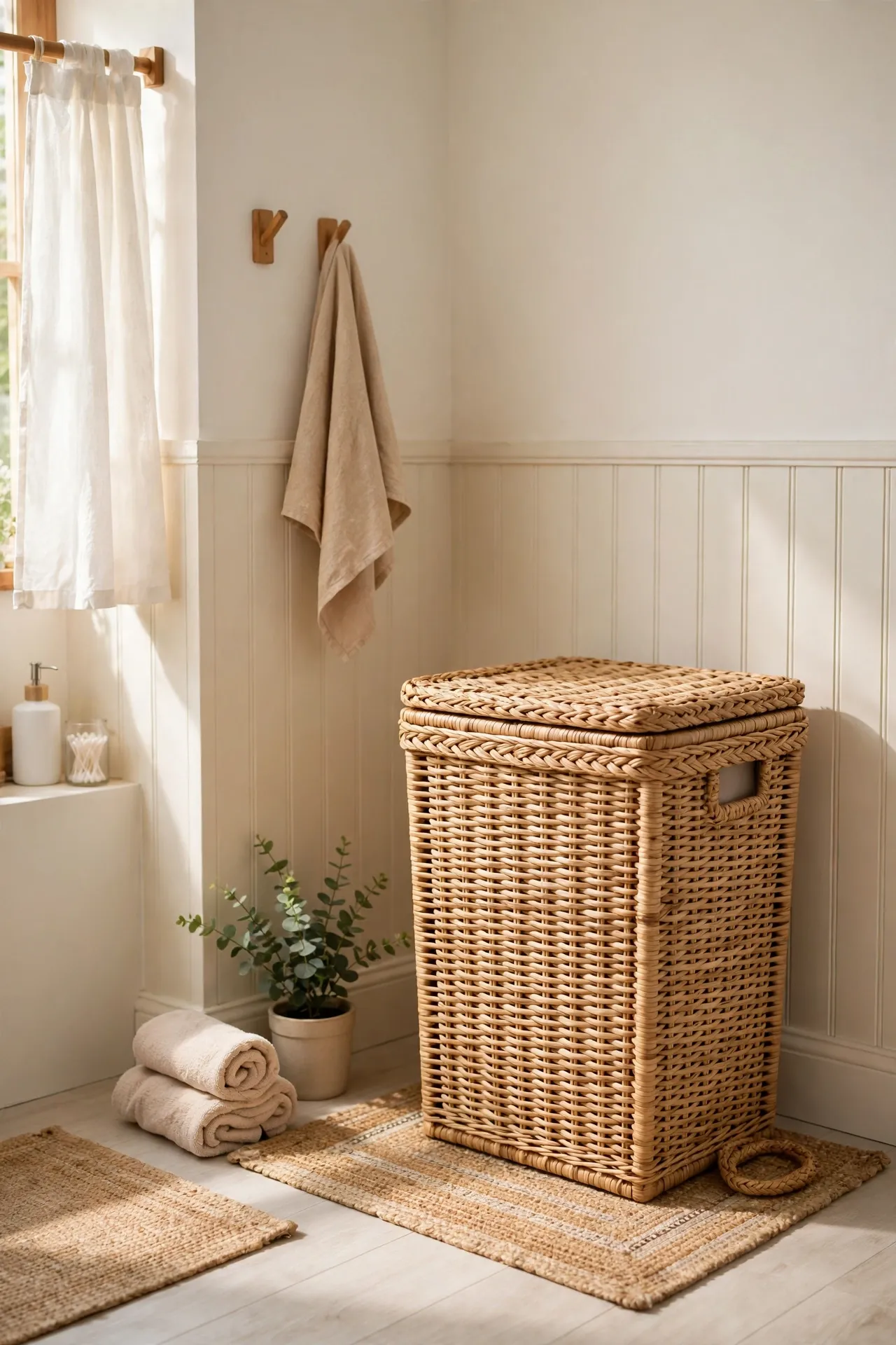 Woven laundry hamper standing in bright bathroom corner