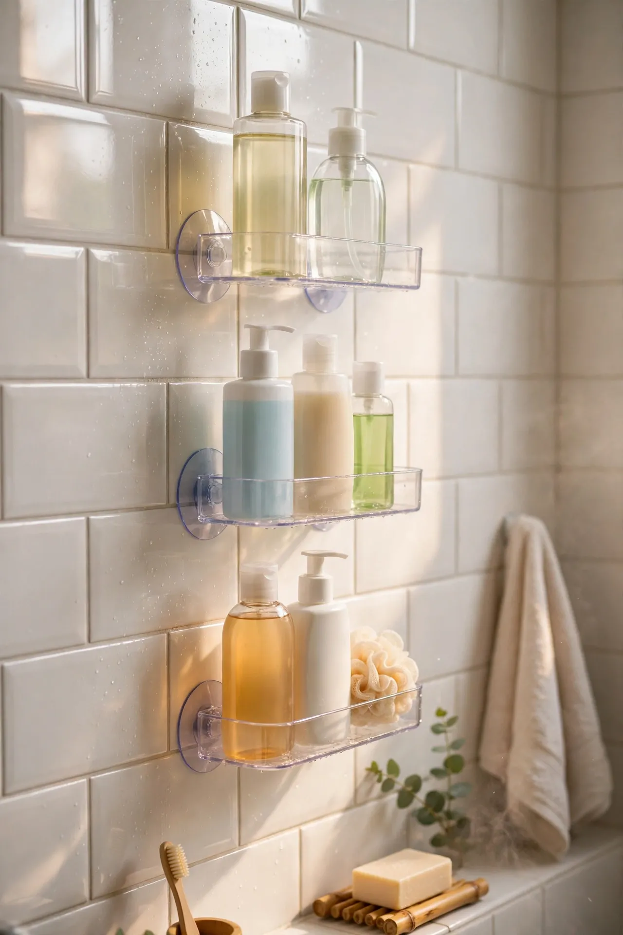 Suction cup shelves holding shampoo on shower wall