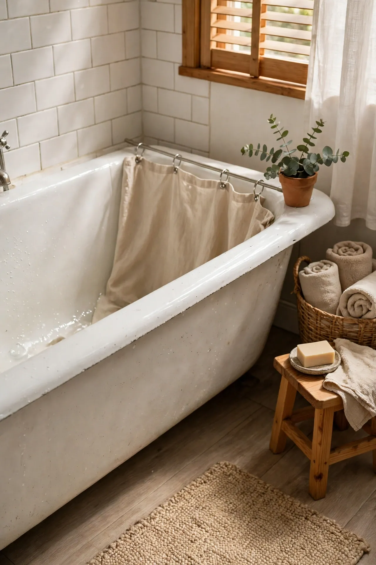 Soft fabric shower curtain liner hanging inside tub