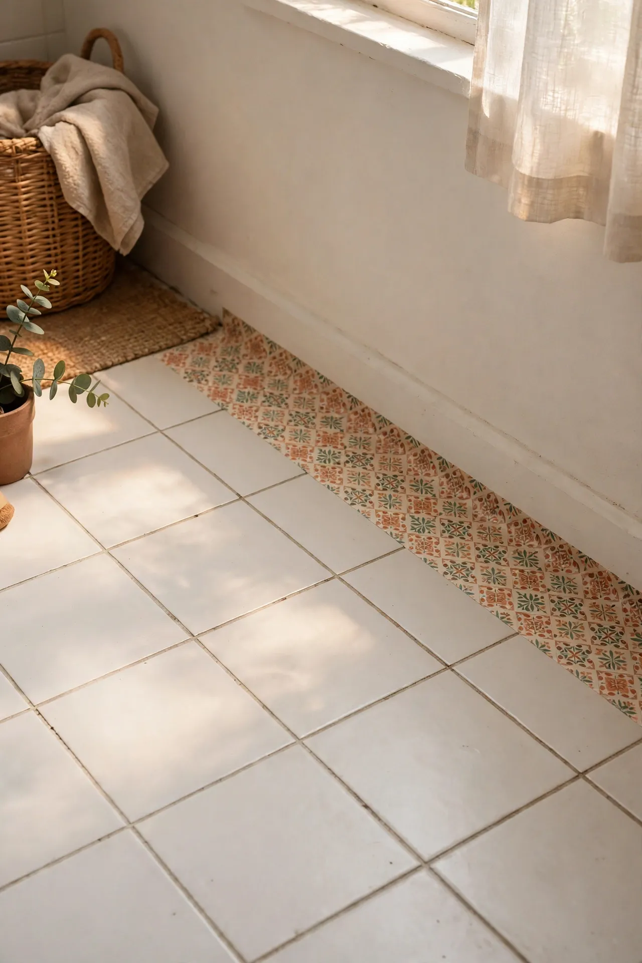 Removable decal border along plain bathroom tile floor