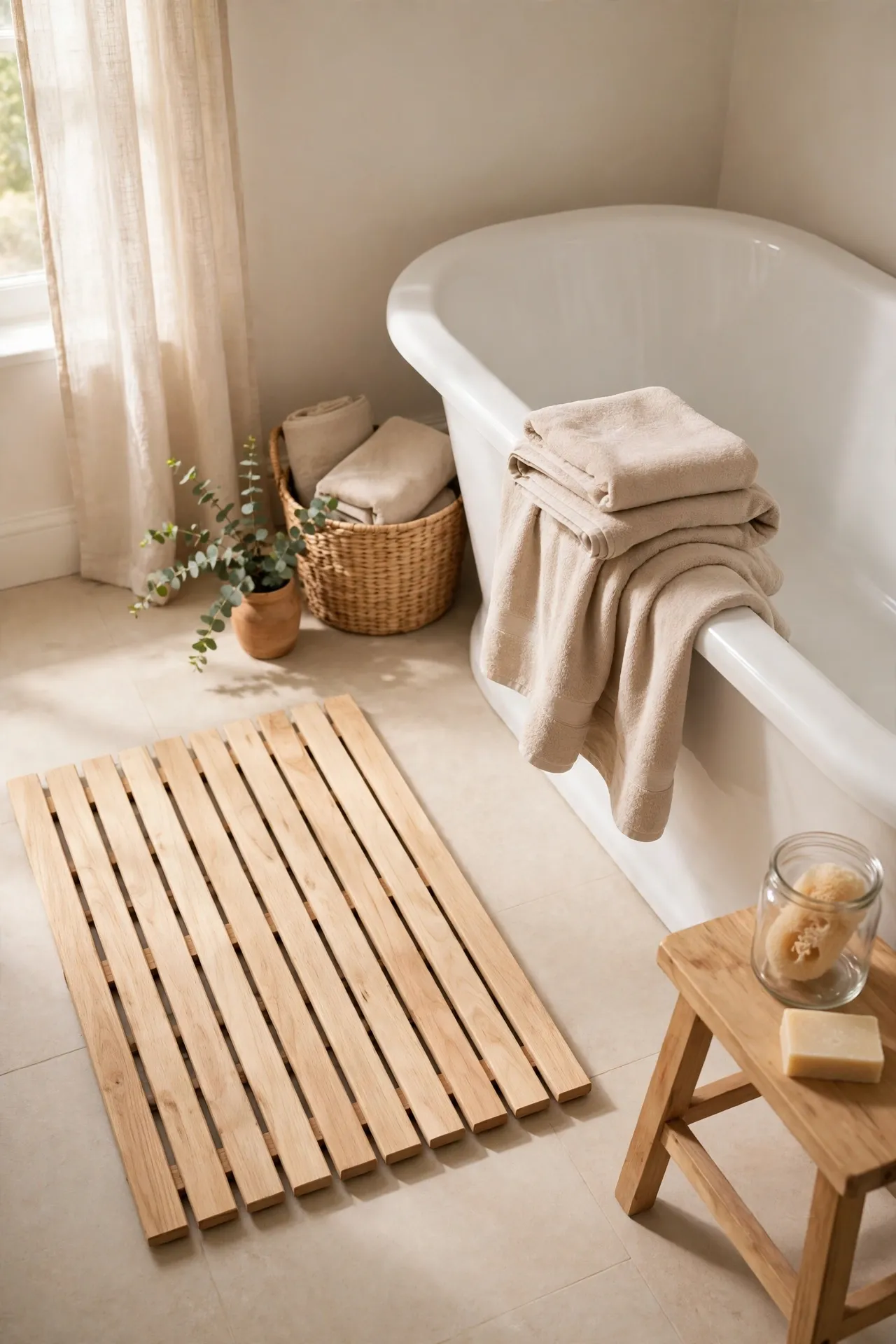 Pale oak bath mat on bathroom floor beside tub