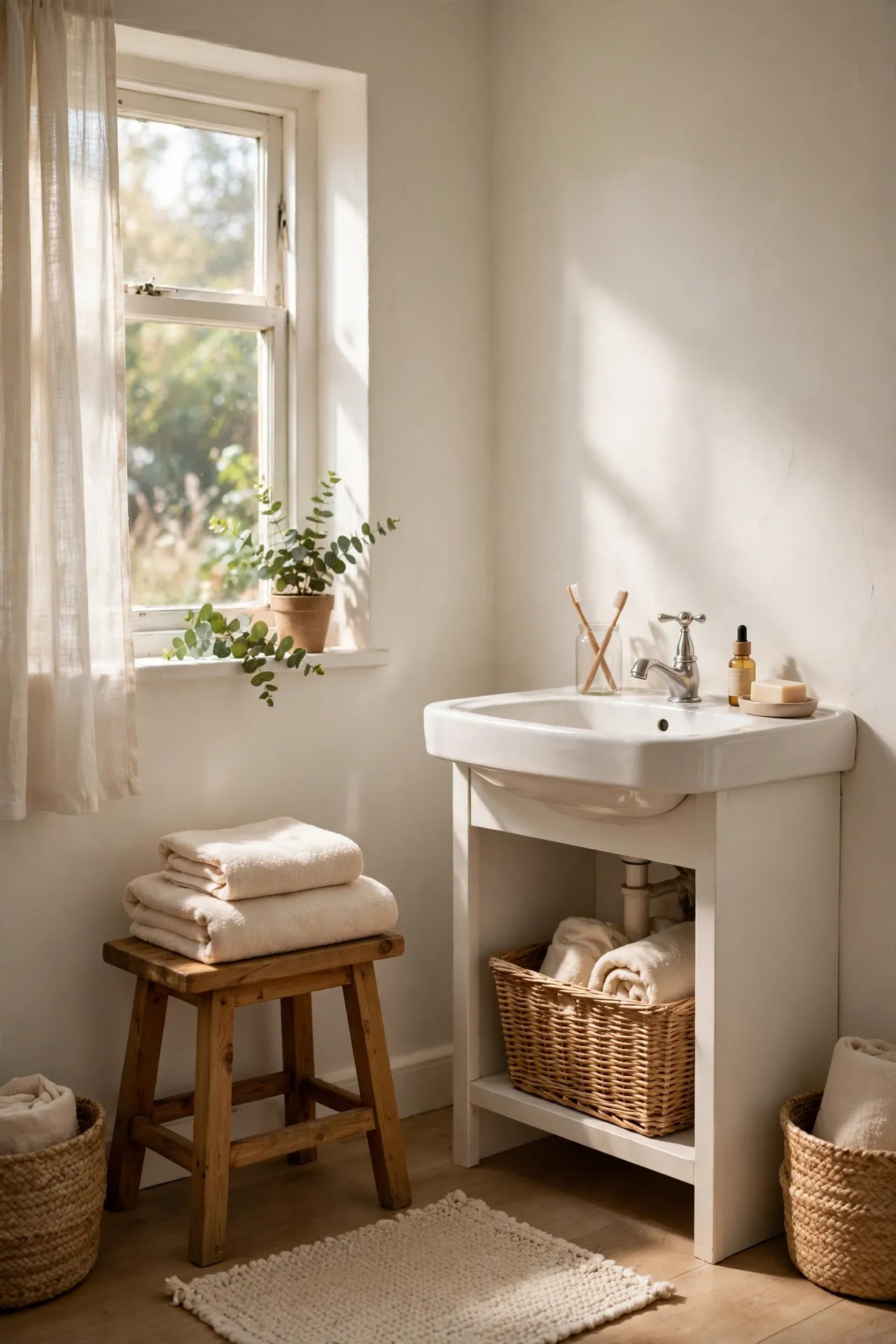 Bathroom with soft warm white painted walls and wood