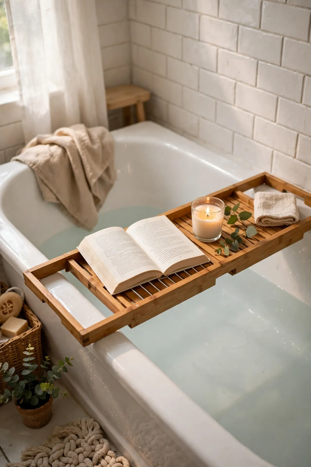 Bamboo bath tray with candle and book over tub