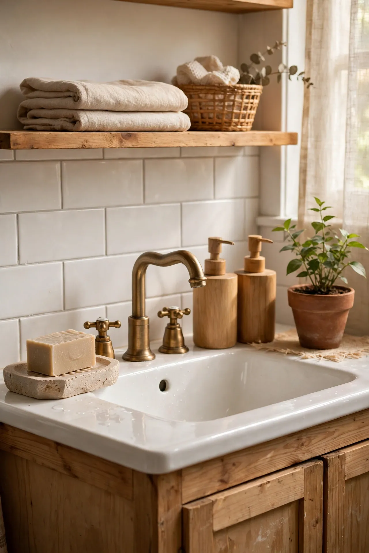 Stone soap dish and wooden dispensers on bathroom sink