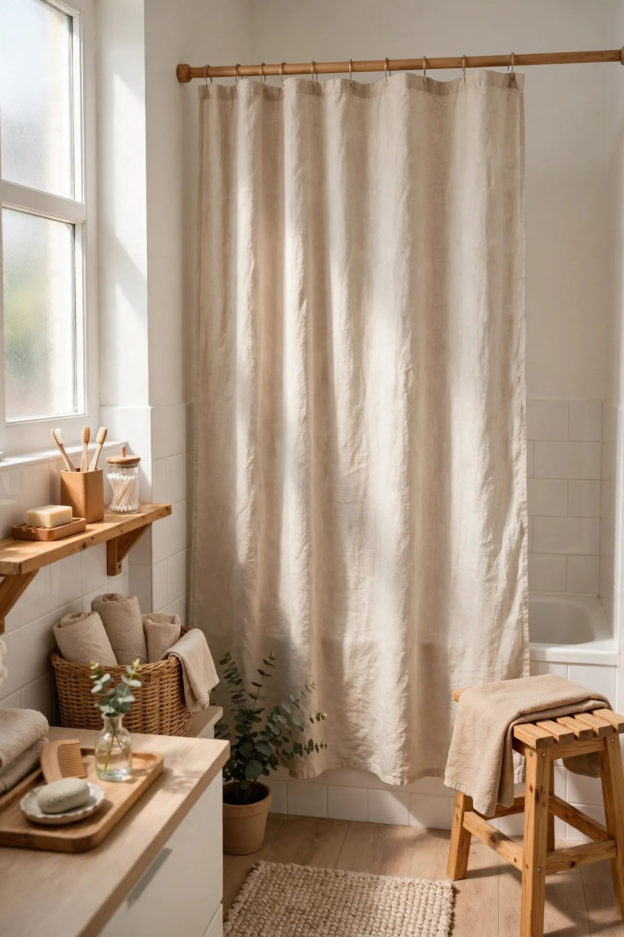 Natural beige linen shower curtain in bright bathroom