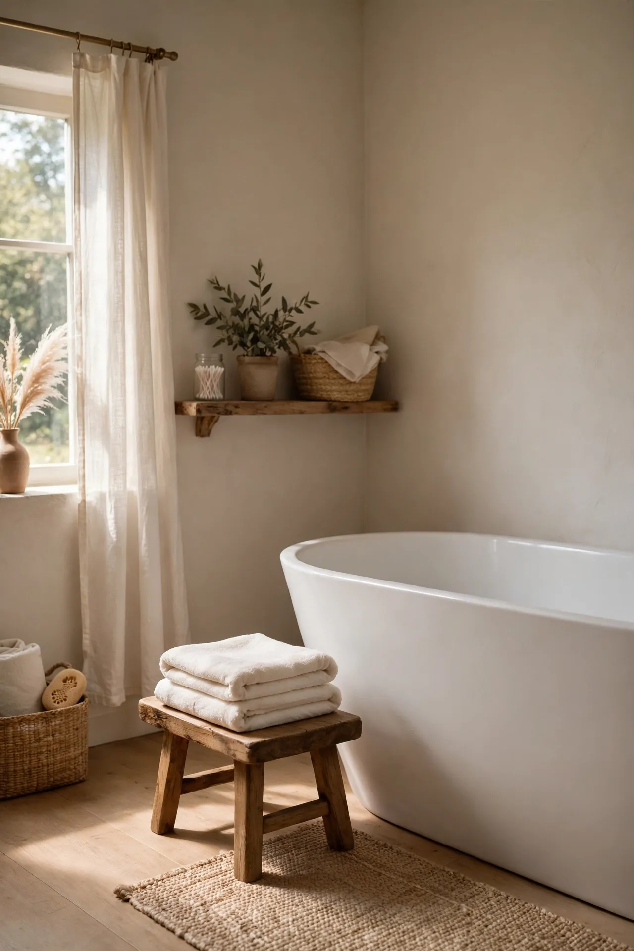 Low wooden stool with folded towel beside bathtub