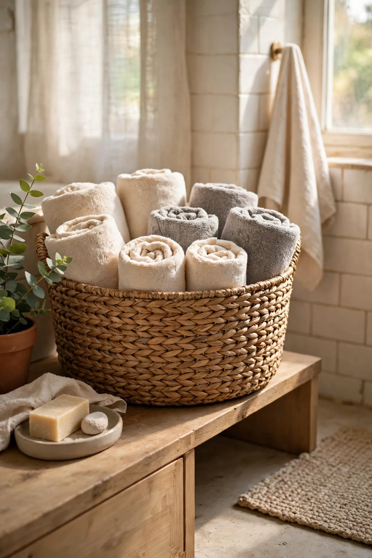 Woven basket filled with neatly rolled cream towels in bathroom