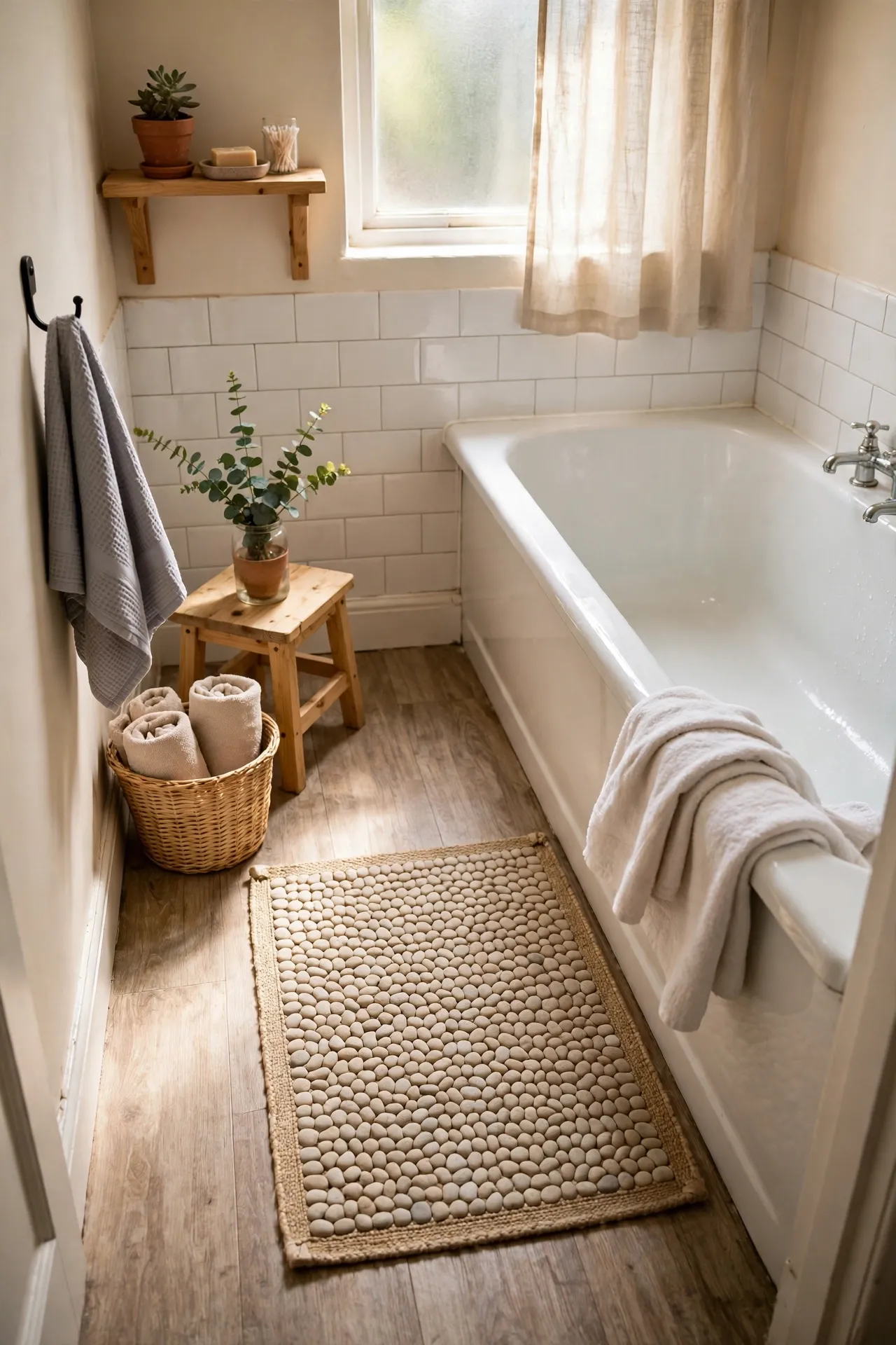 Sand pebble-textured bath rug beside a white bathtub