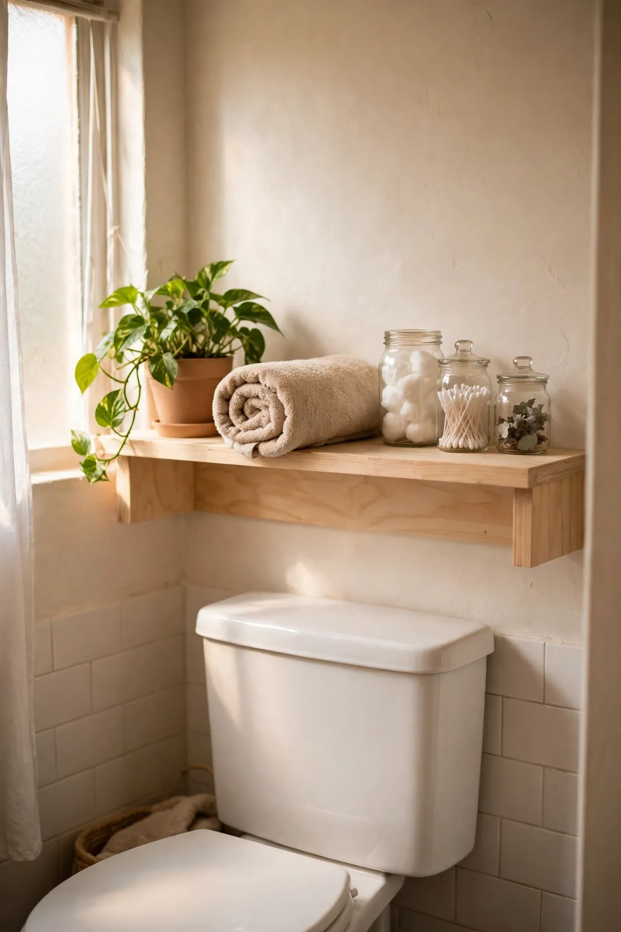 Open wood shelf with towels plant and jars