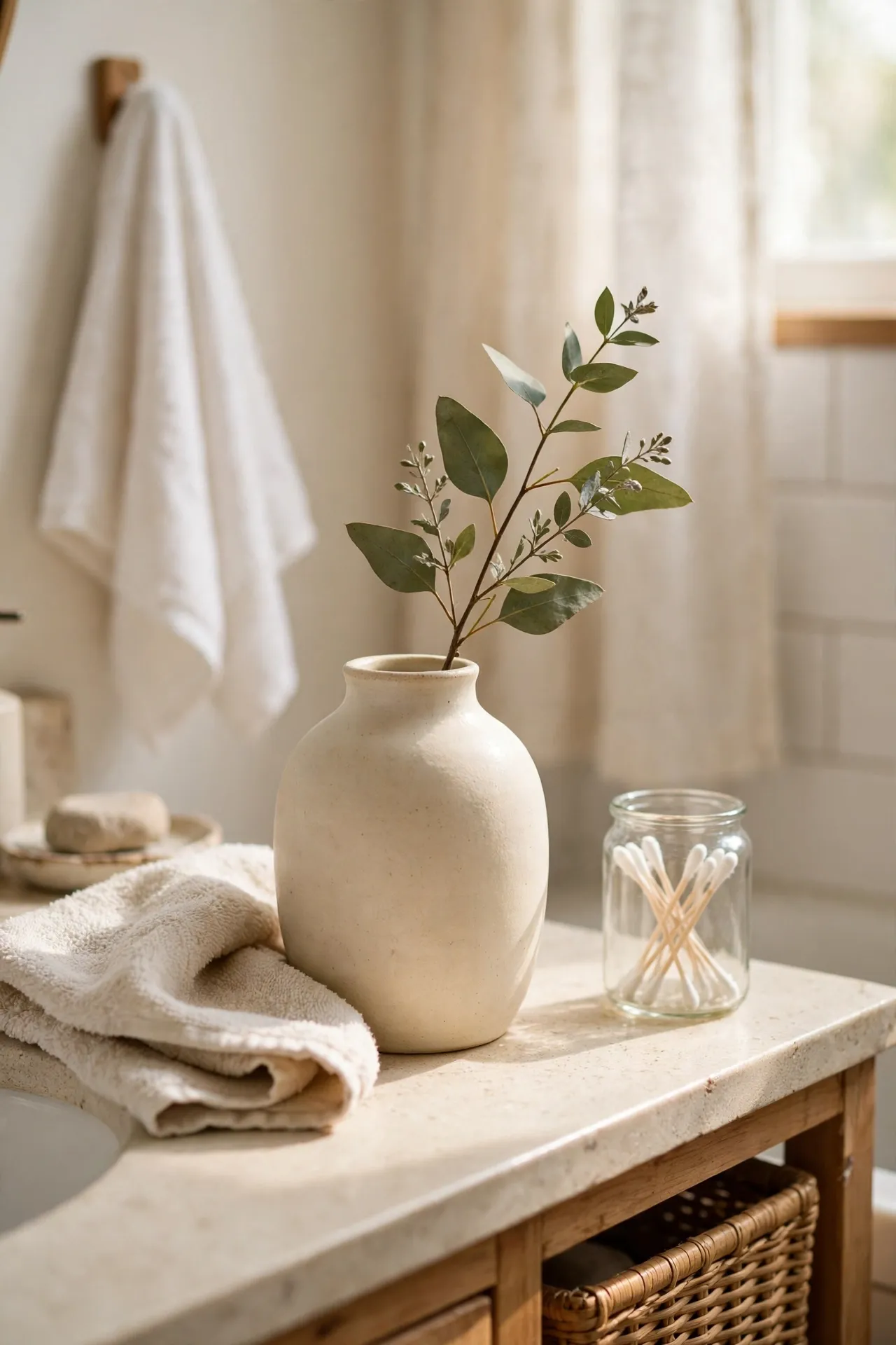 Ceramic vase with single eucalyptus stem on vanity