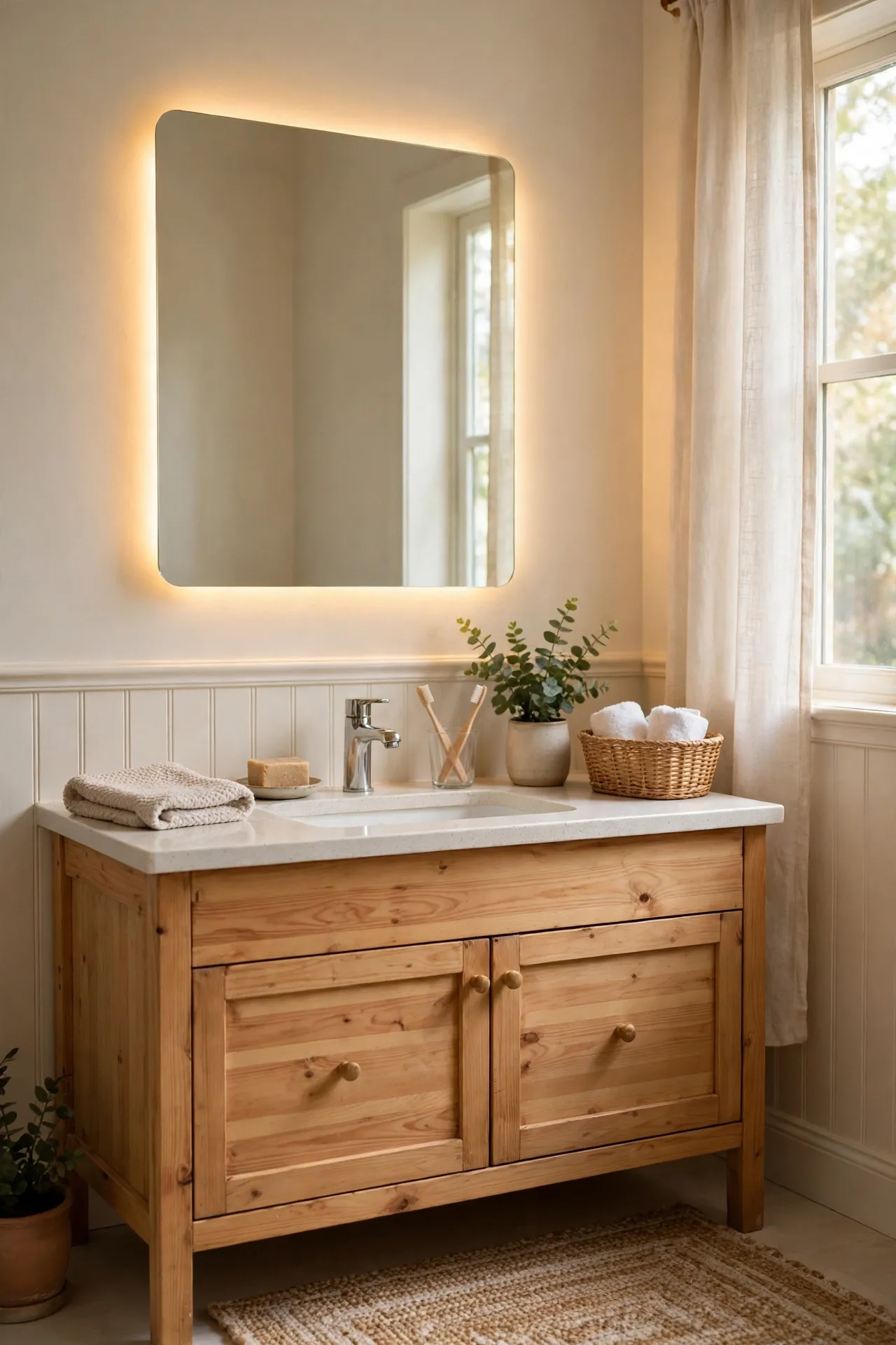 Warm LED glow behind bathroom mirror at dusk