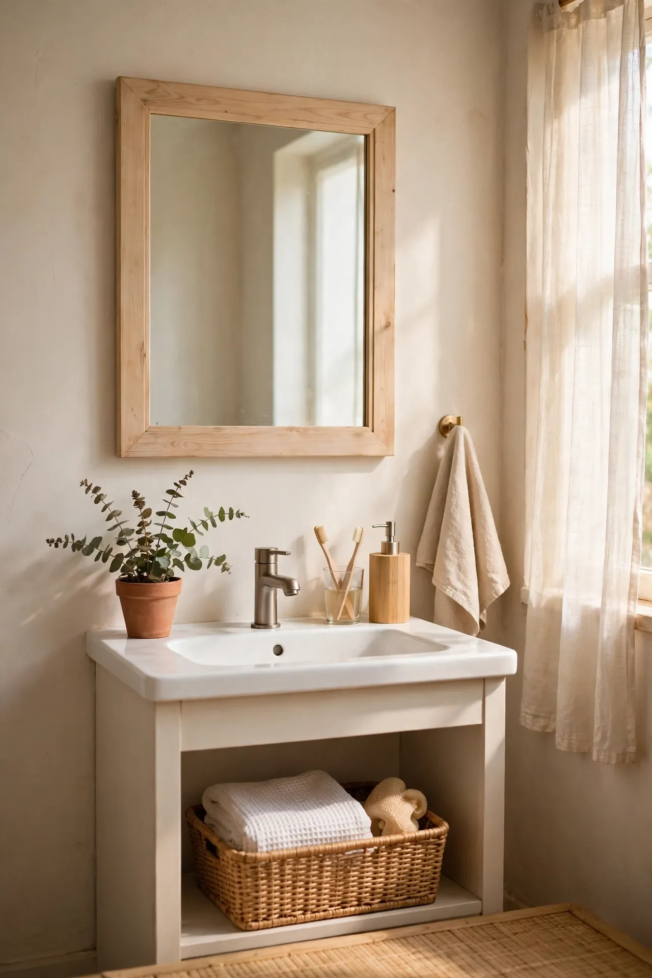Plain bathroom mirror with a light wood frame above sink