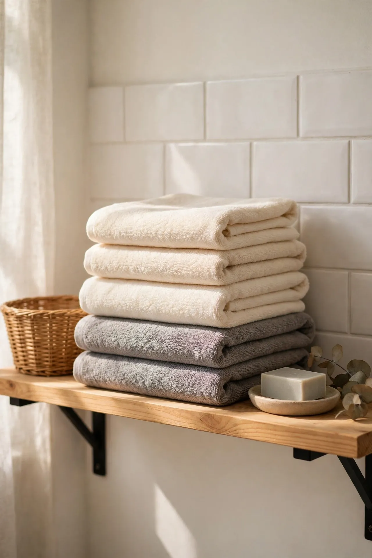 Neatly folded cream and stone grey towels stacked