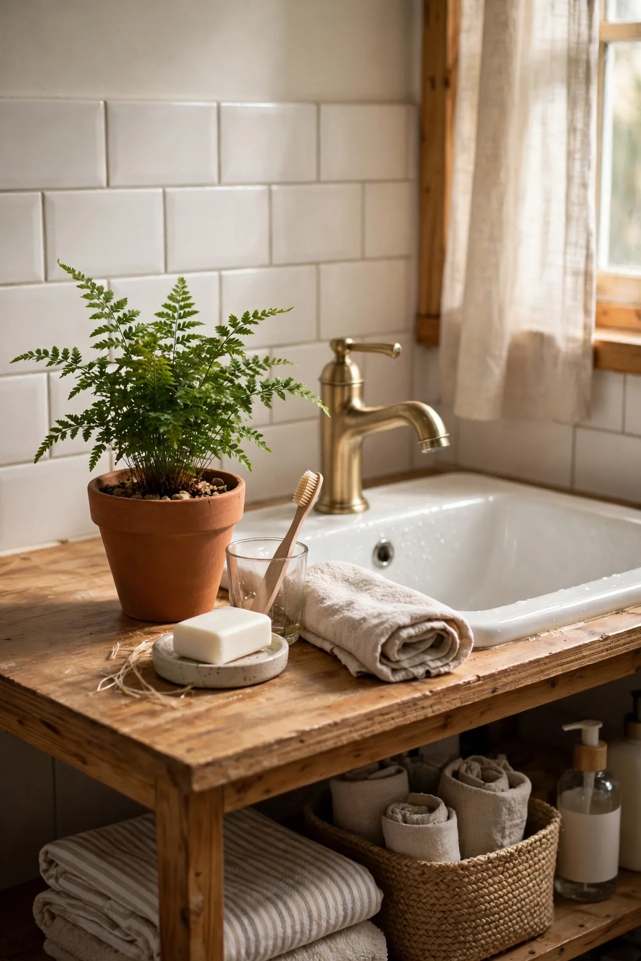 Small potted fern sitting on a bathroom vanity corner