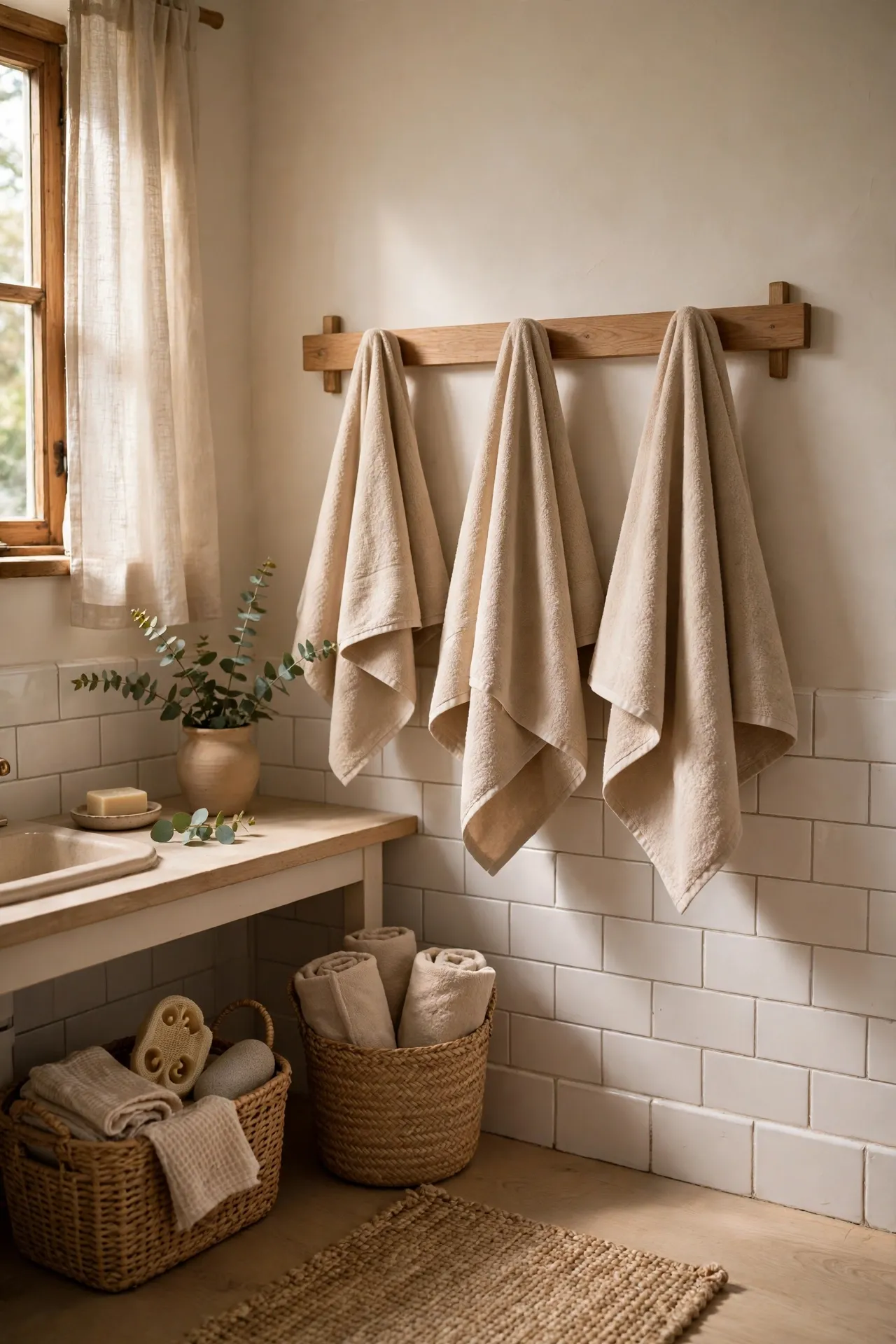 Beige cotton towels hanging neatly on a bathroom rail