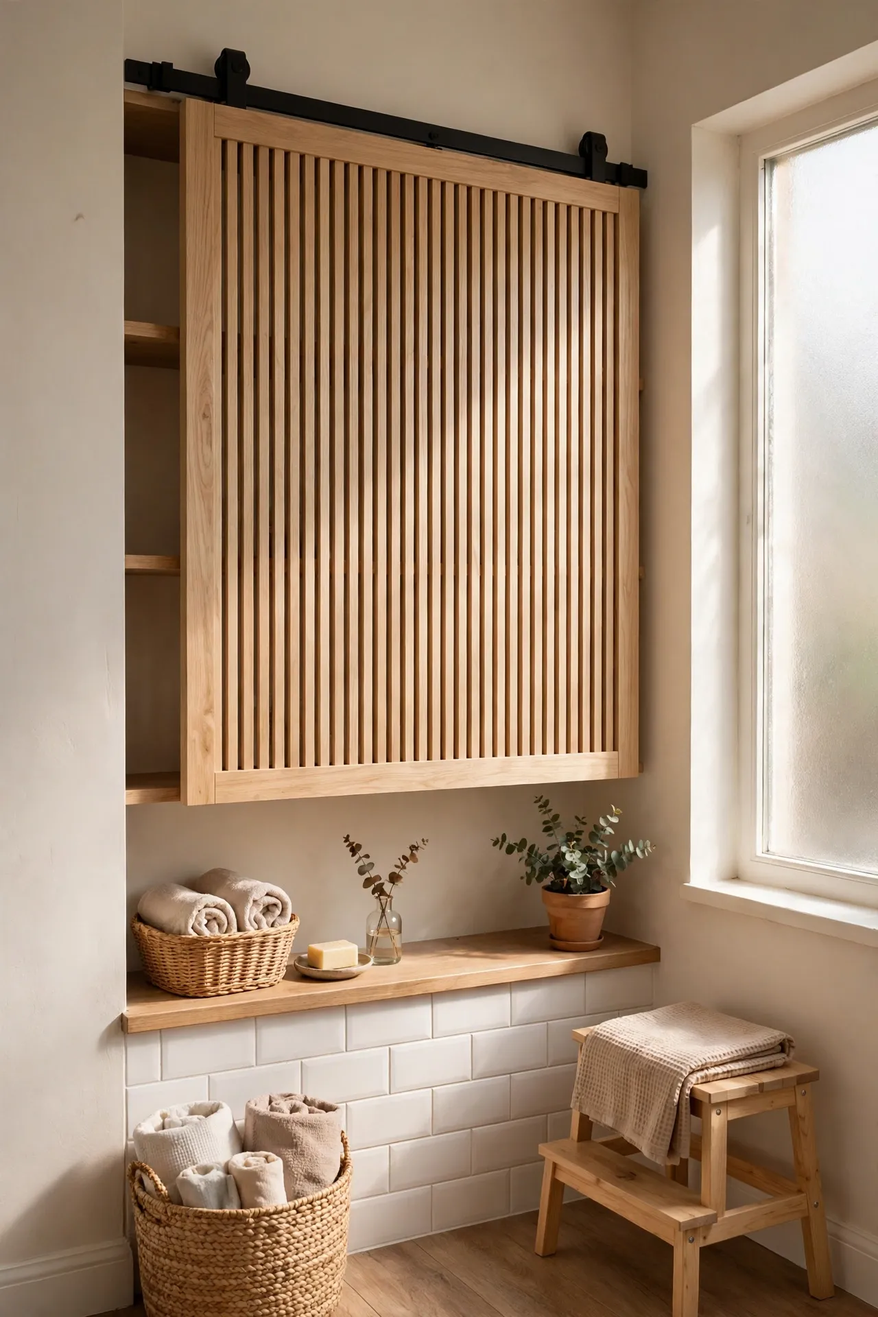 Sliding slatted wood panel covering open bathroom shelf storage