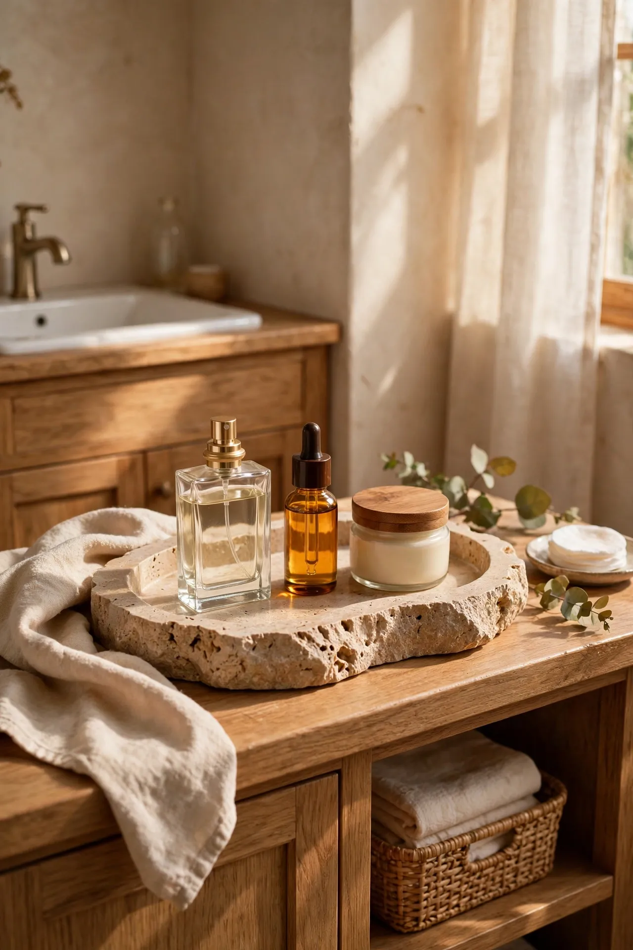 Stone tray with skincare bottles on bathroom vanity