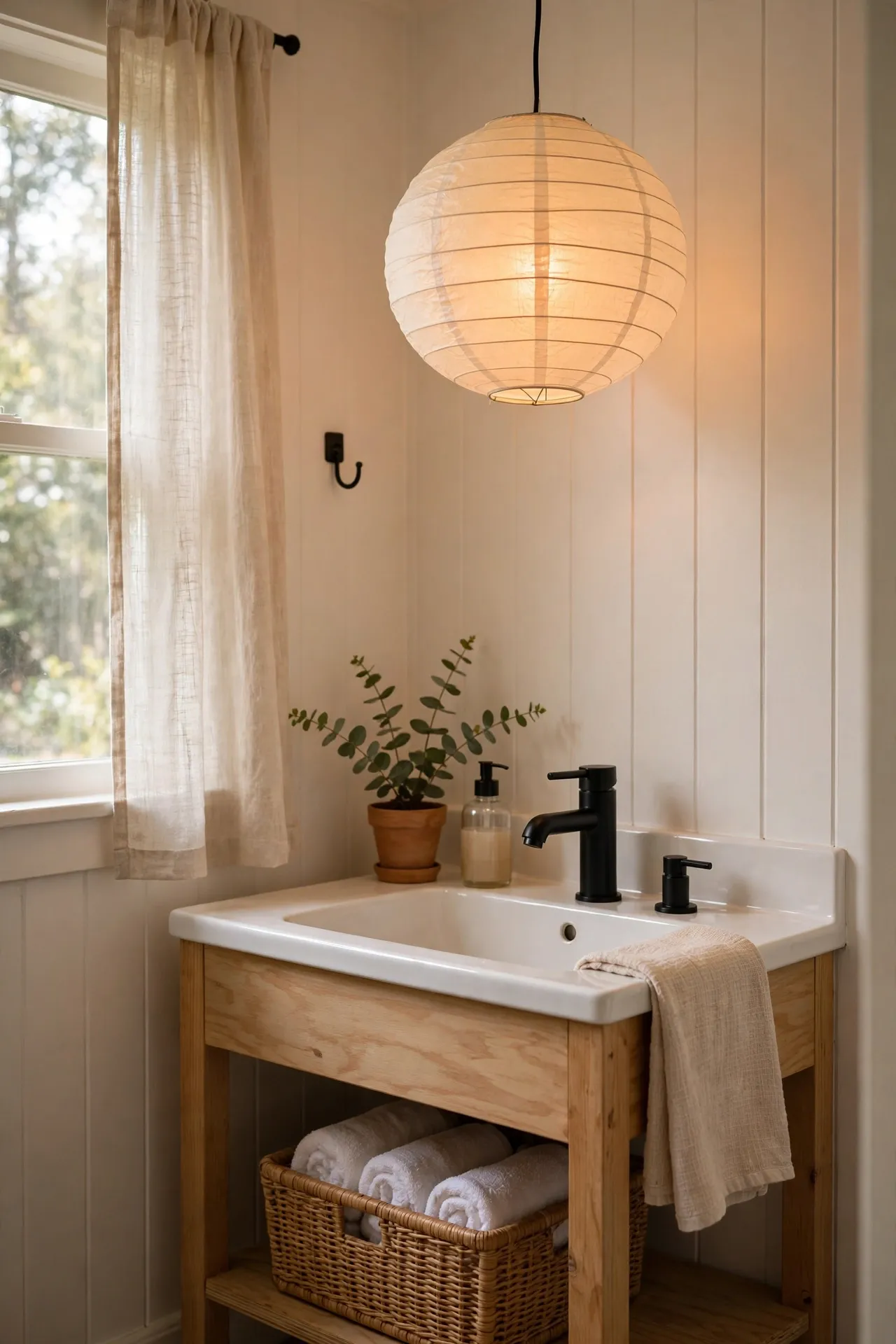 Paper lantern pendant glowing warmly over a bathroom sink
