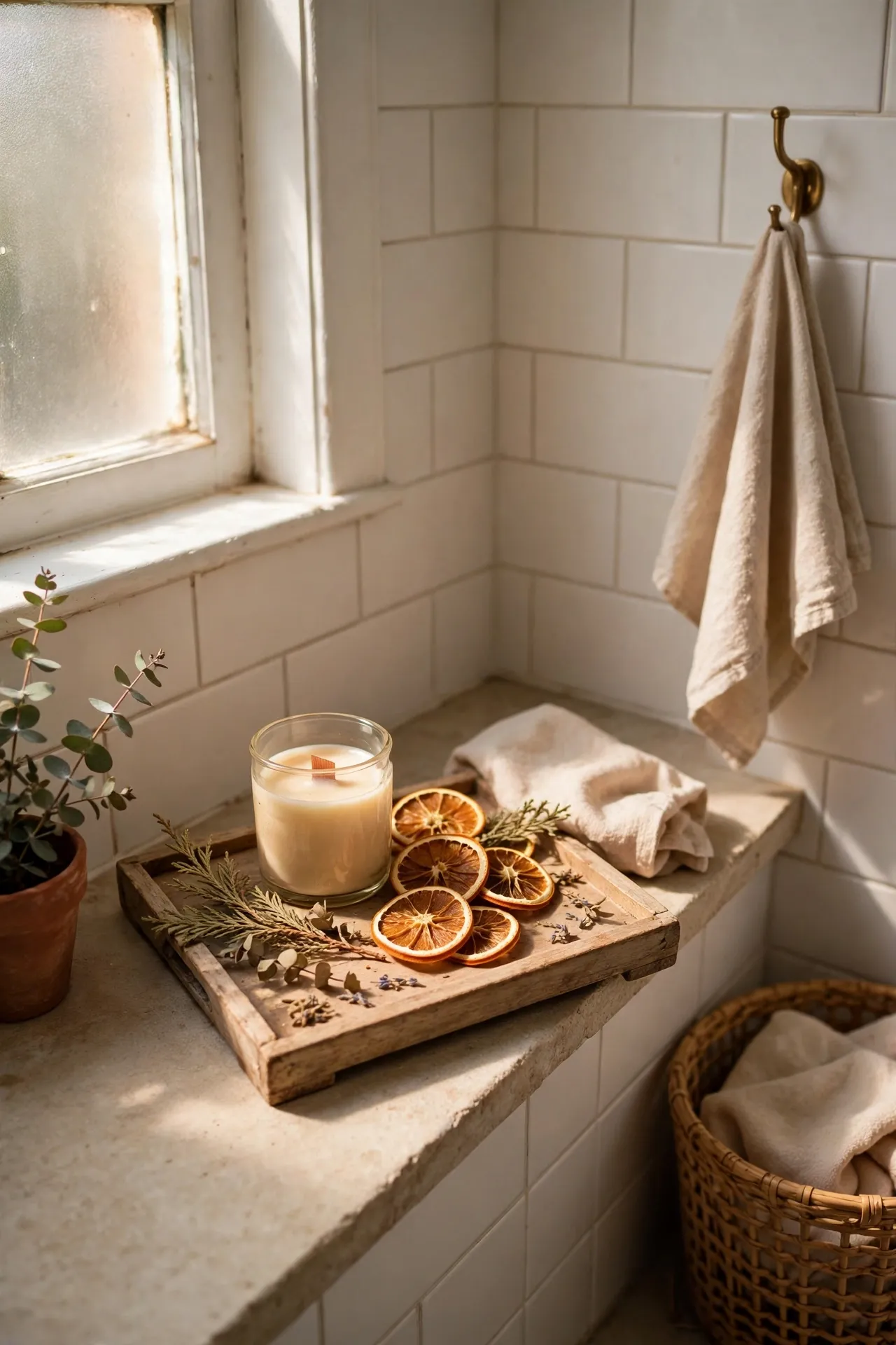 Cedar candle and dried orange slices on tray