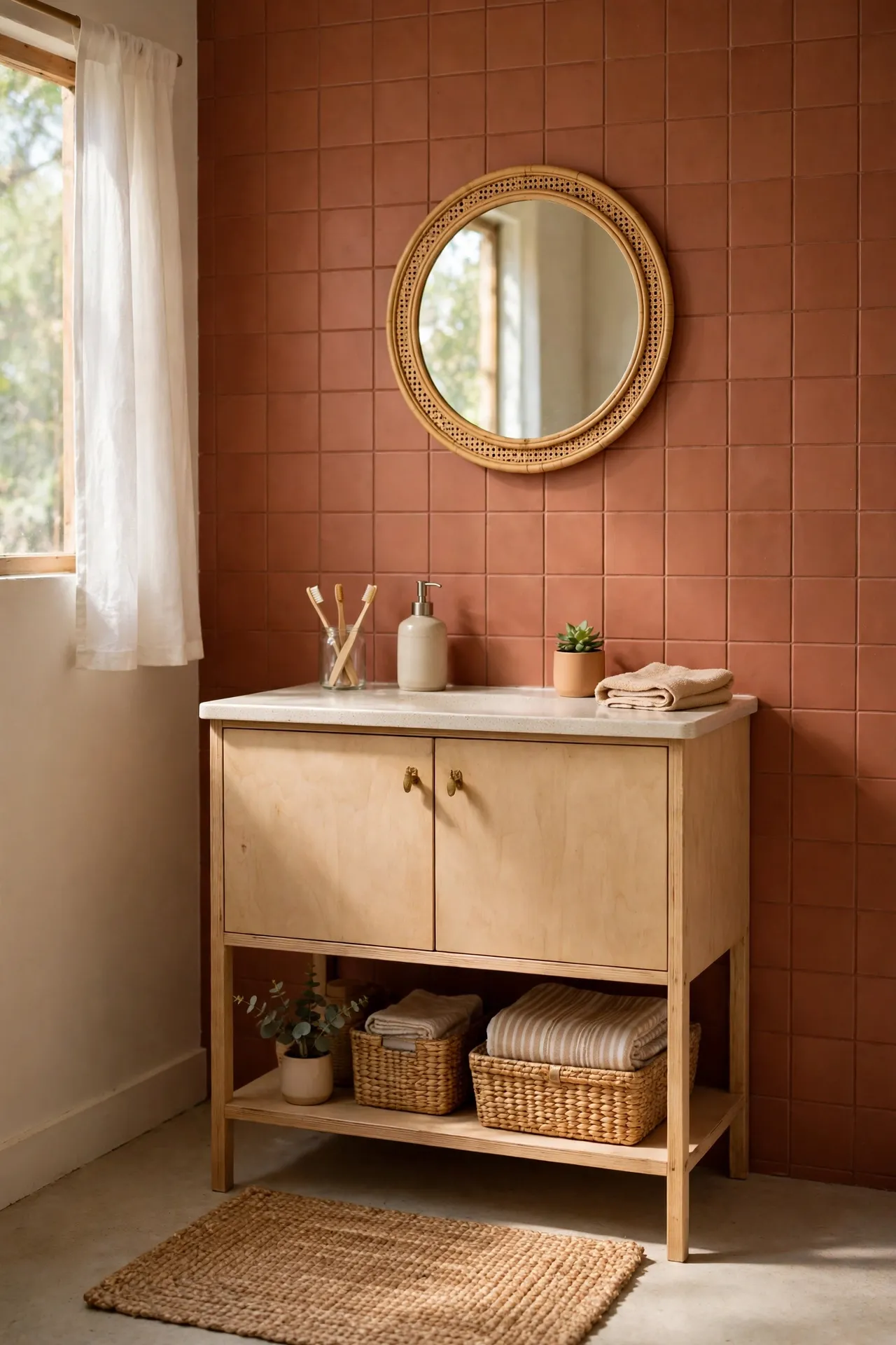 Terracotta tile accent wall behind bathroom vanity mirror