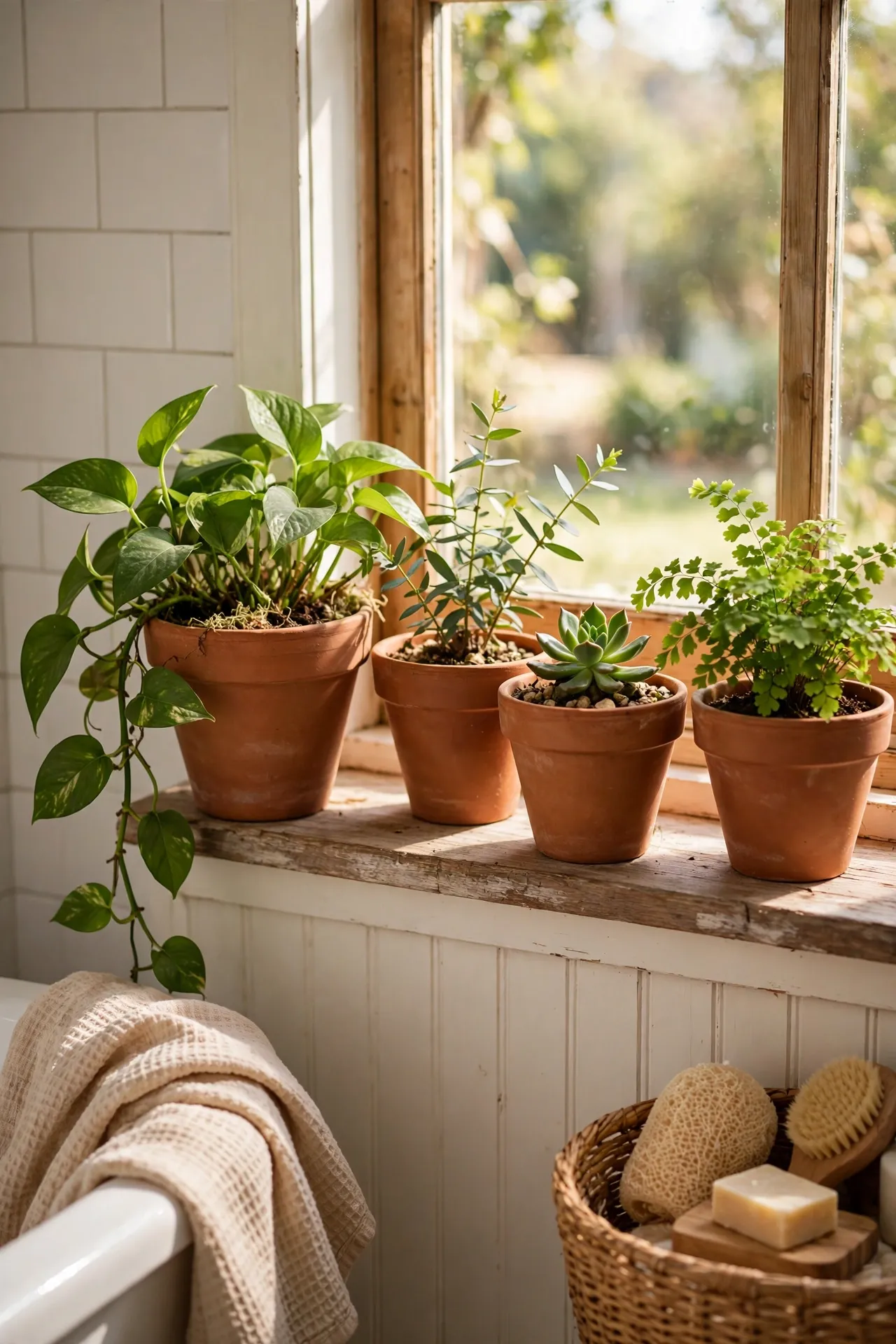 Clay pots with green plants on bathroom windowsill