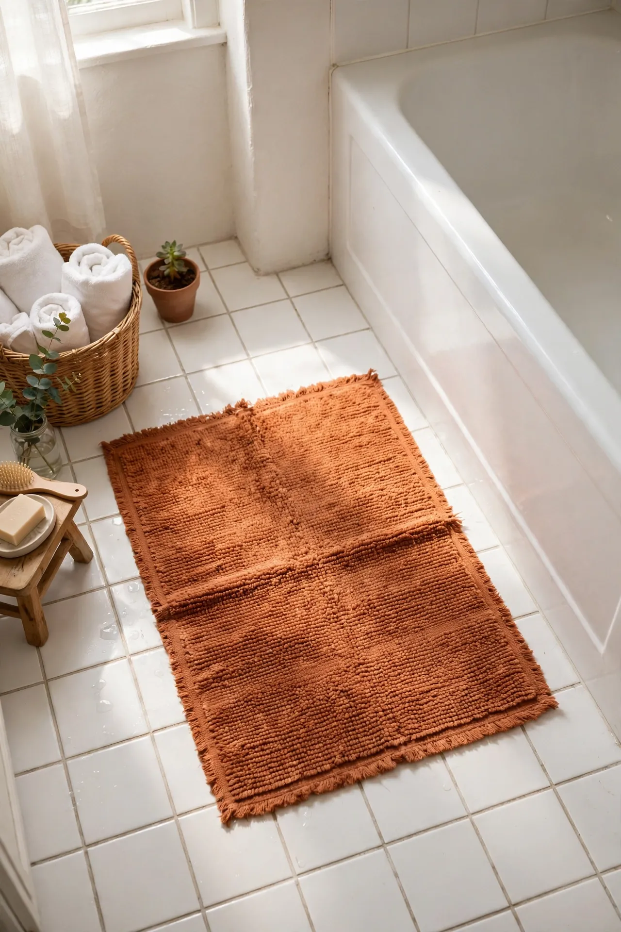 Terracotta bath mat on a white tiled bathroom floor