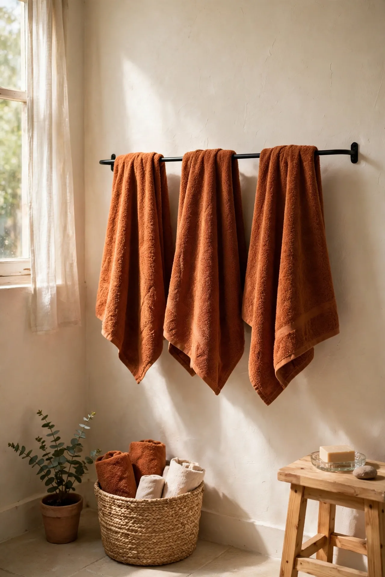 Rust towels hanging against warm cream bathroom walls