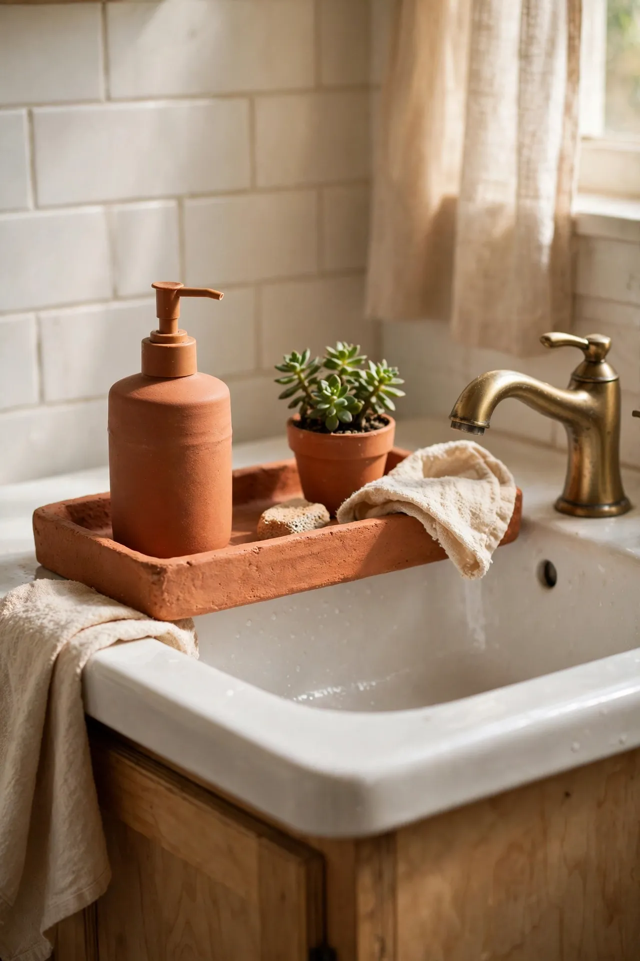 Terracotta soap dispenser and tray on bathroom sink