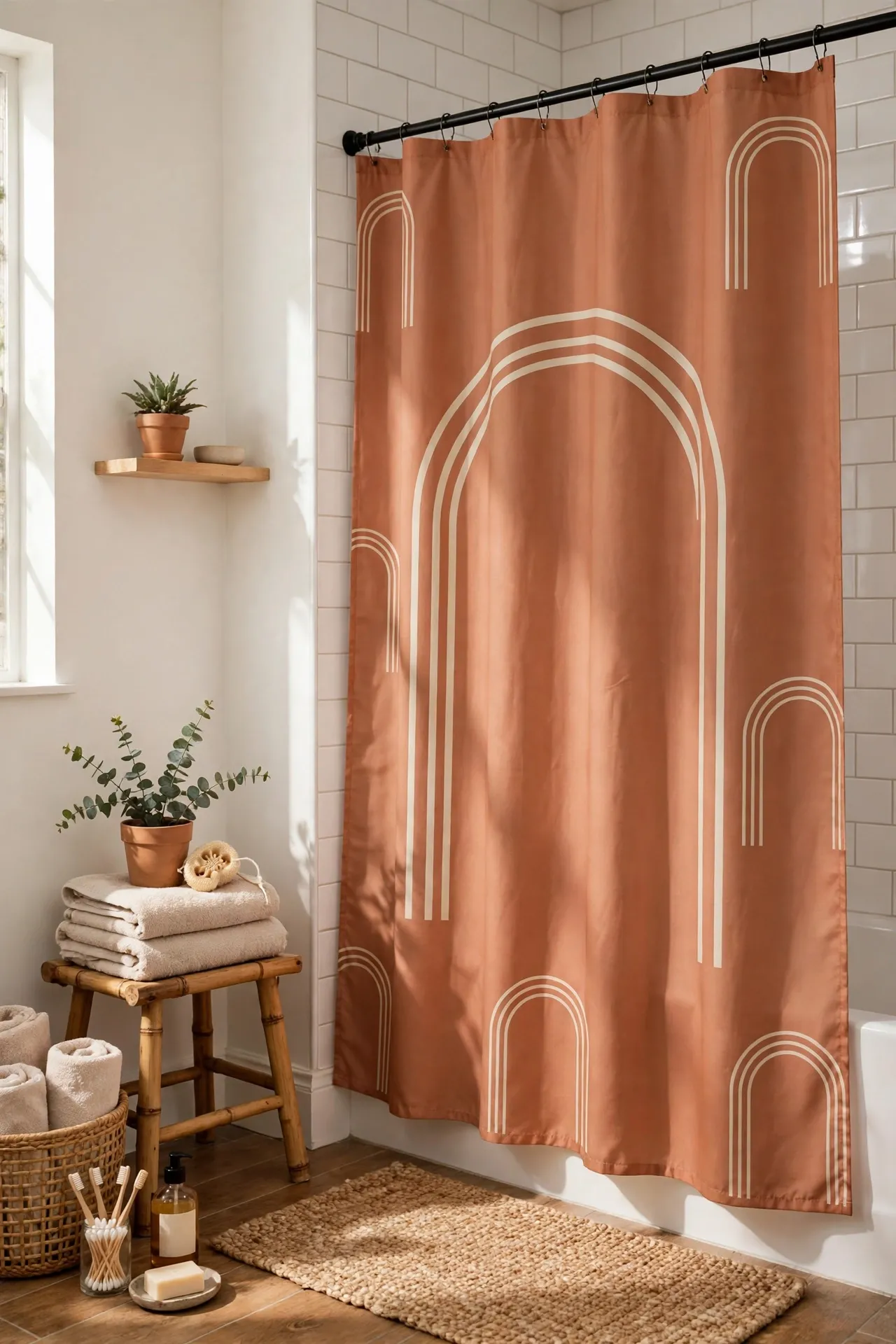 Clay-toned shower curtain with a modern arch print design