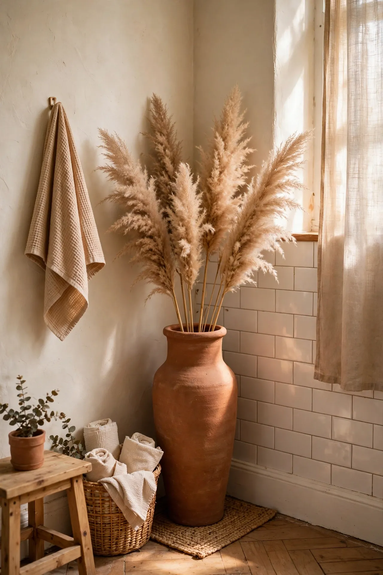 Terracotta vase with dried pampas grass in corner