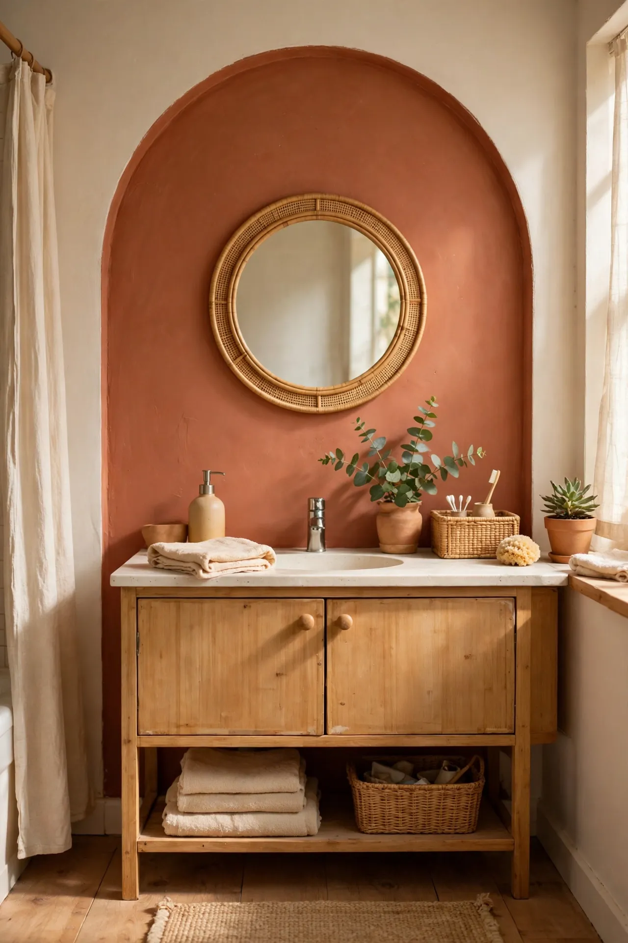 Painted terracotta arch wall behind a bathroom mirror