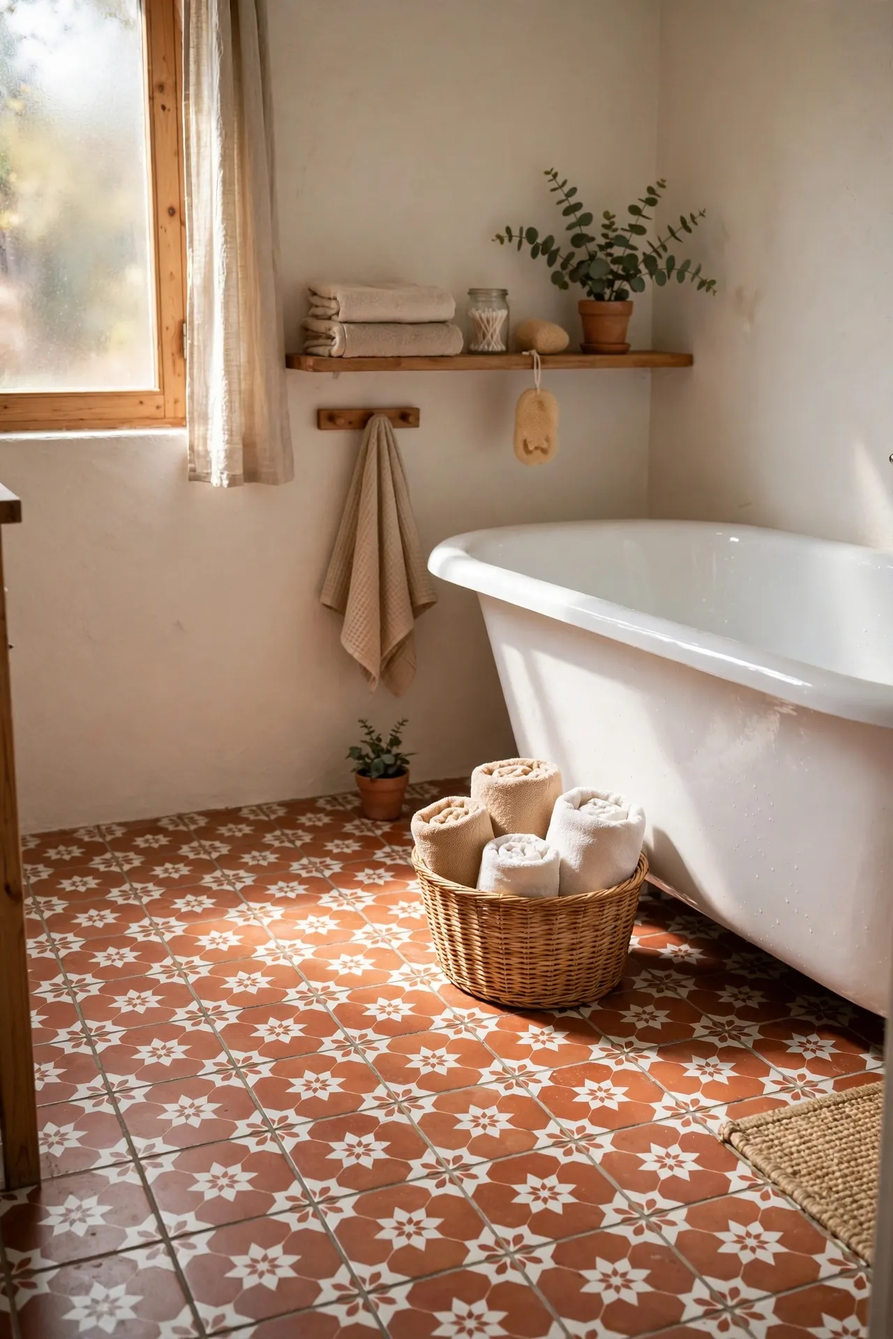 Terracotta and white patterned tiles on bathroom floor