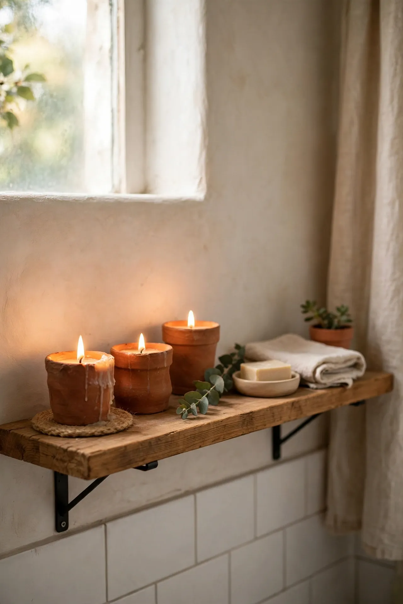 Terracotta candle holders glowing on a wooden bathroom shelf