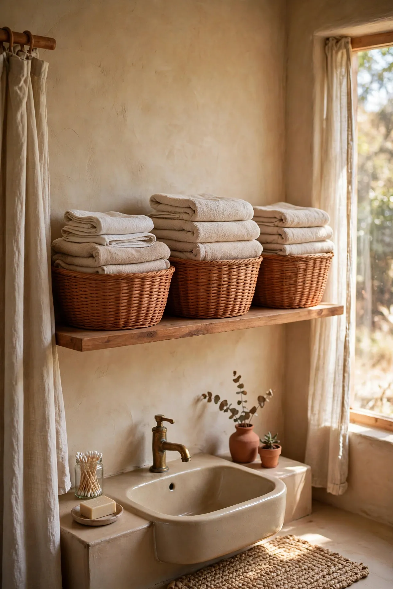 Clay-coloured baskets holding folded towels in a bathroom
